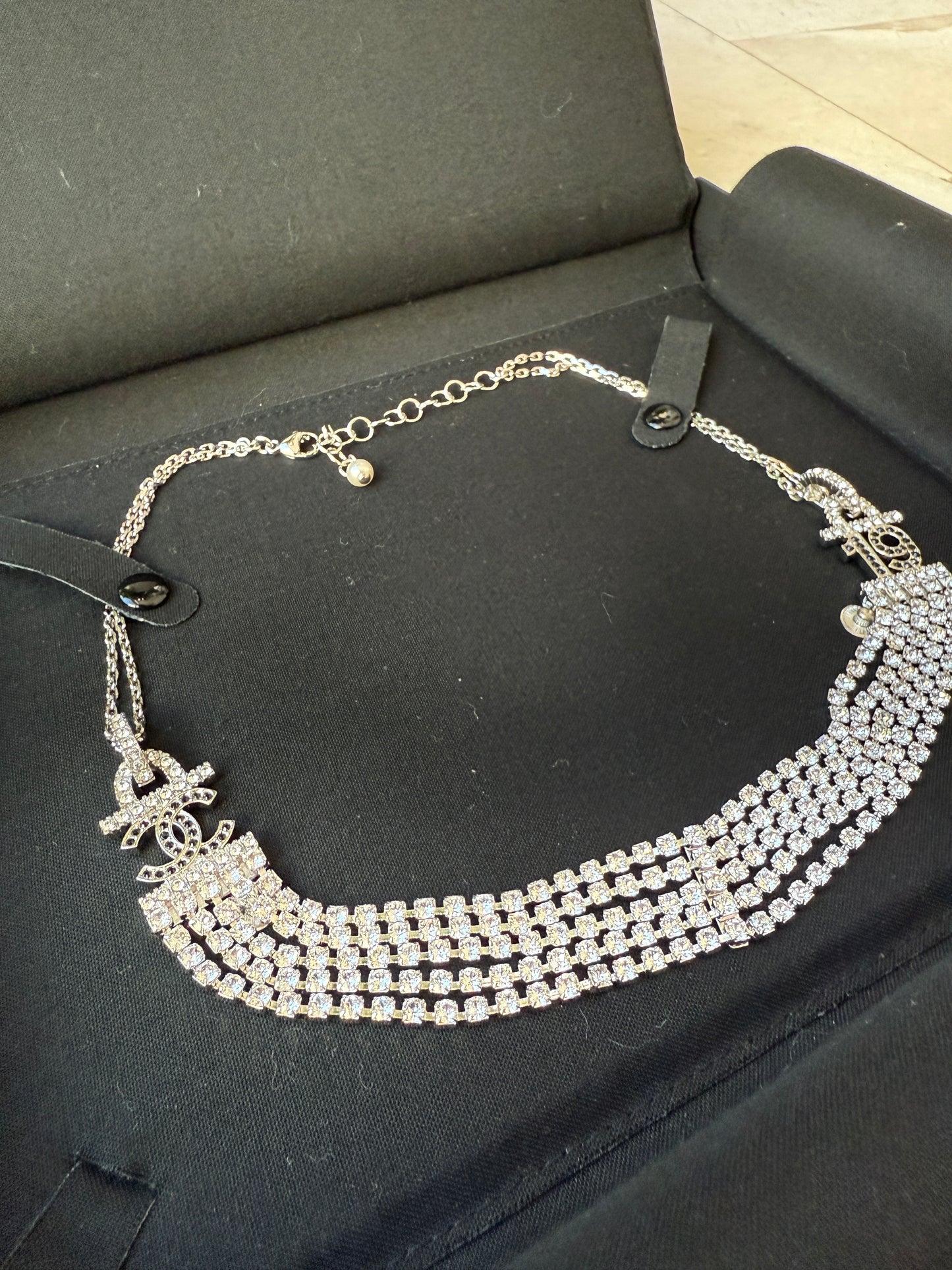 CHANEL 2022A SILVER TONE CC 19 LOGO WHITE AND BLACK CRYSTALS NECKLACE CHARM CHOCKER