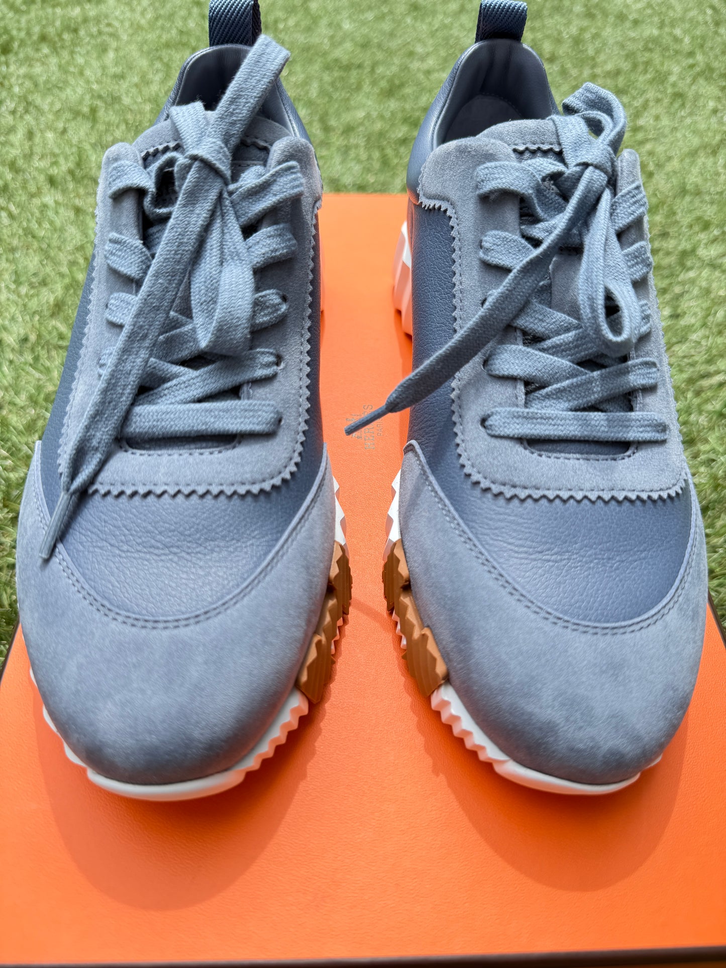HERMES BOUNCING BLUE MER LEATHER SUEDE WHITE SOLE TRAINERS FASHION SNEAKERS