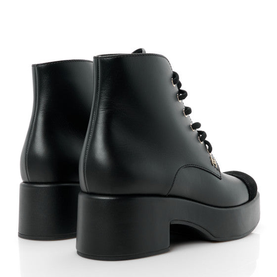 Chanel Calfskin Velvet CC Cap Toe Black Leather Lace Up Boots Ankle Booties