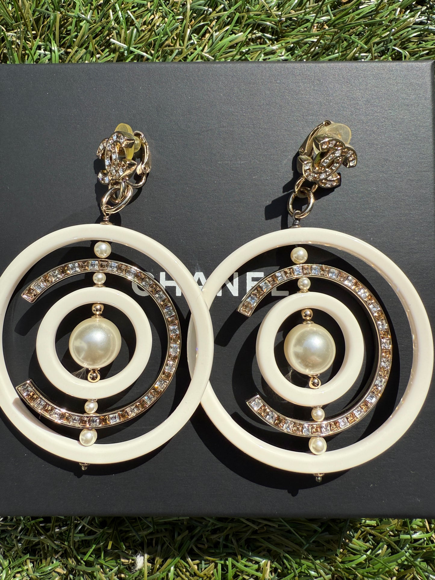 Chanel 18B Ivory White Resin Plastic Disco CC Logo Crystal Gold Tone Pearls Round Clip on Earrings Drop Hoop