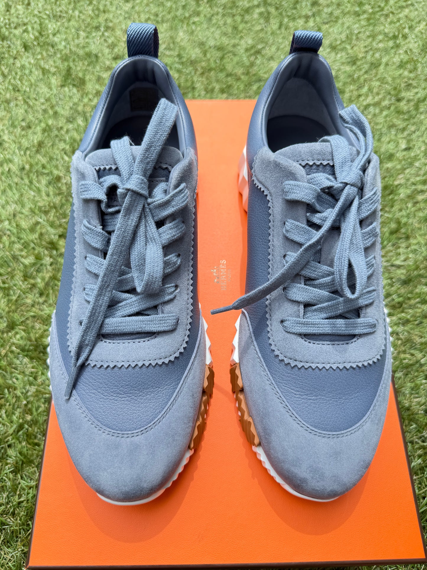 HERMES BOUNCING BLUE MER LEATHER SUEDE WHITE SOLE TRAINERS FASHION SNEAKERS