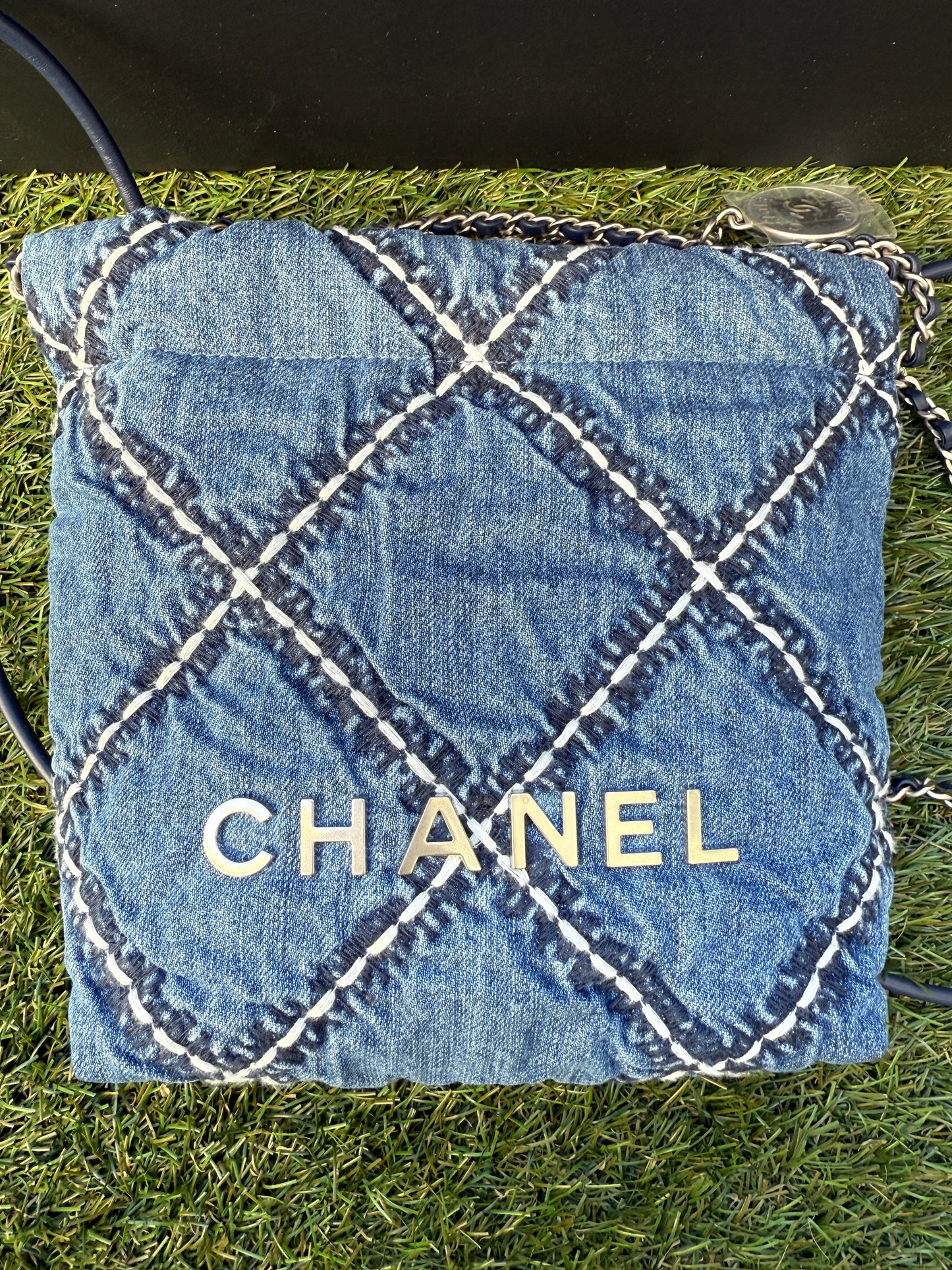 Chanel 22 Mini Denim Blue Quilted Jean Stitched Crossbody Hobo Bag Handbag 24P