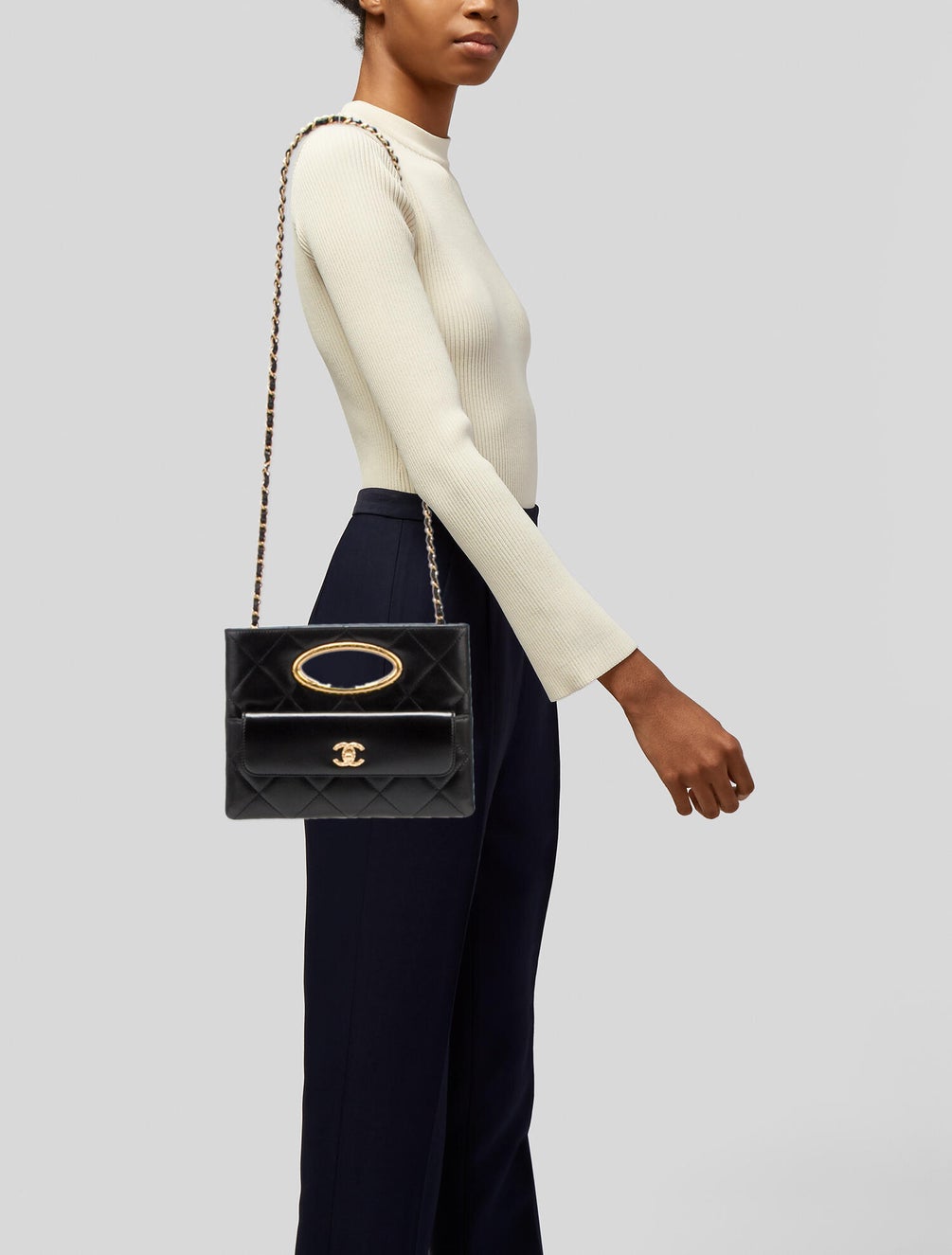 Chanel Quilted Black Lambskin Leather Chain Handle Pocket Gold Tone CC Logo Shoulder Clutch Purse