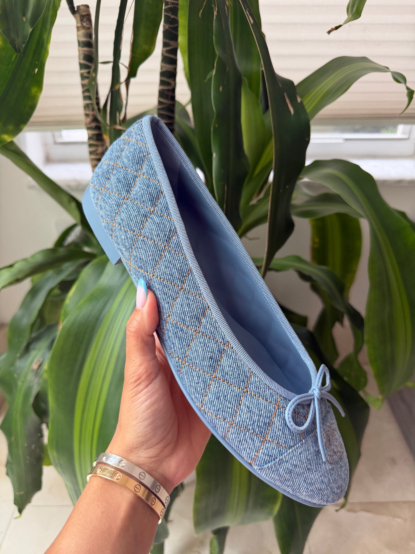 Chanel 26B Blazy Quilted Denim CC Logo Ballet Flats Light Blue Jean Ballerina