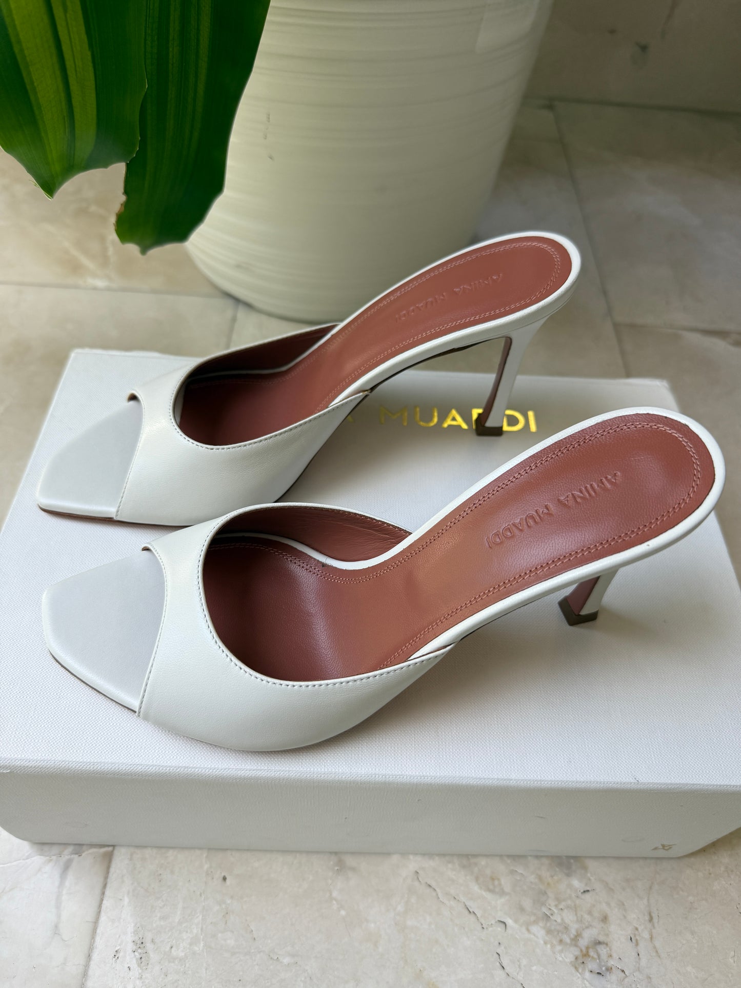 Amina Muaddi Alexa Slipper Peep Toe Slide White Leather Shoes Heels 90mm
