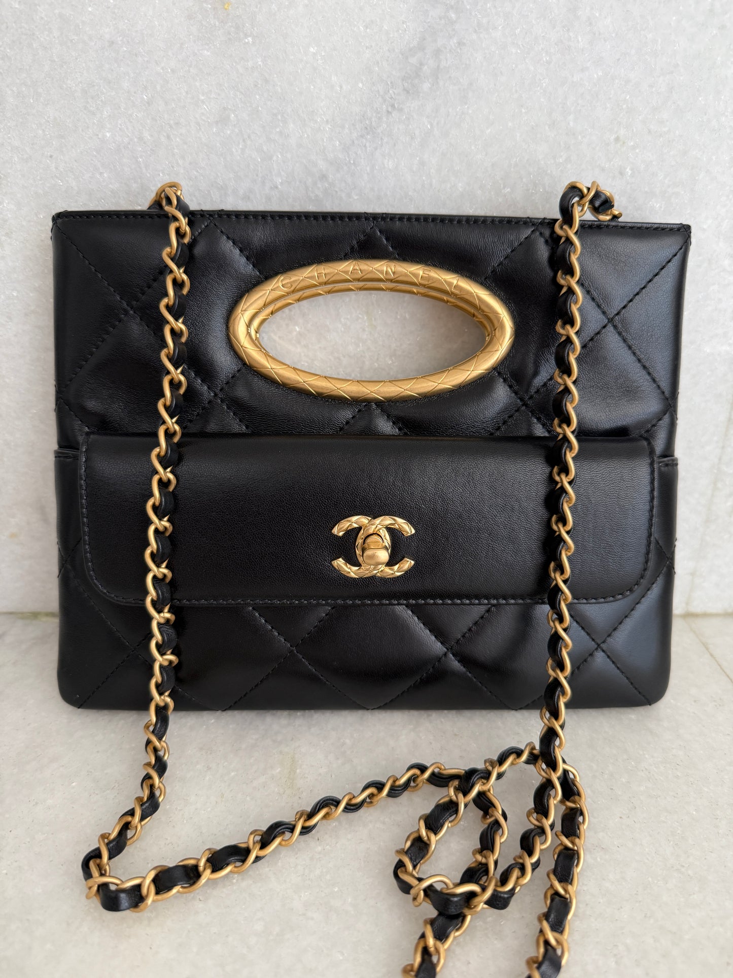 Chanel Quilted Black Lambskin Leather Chain Handle Pocket Gold Tone CC Logo Shoulder Clutch Purse