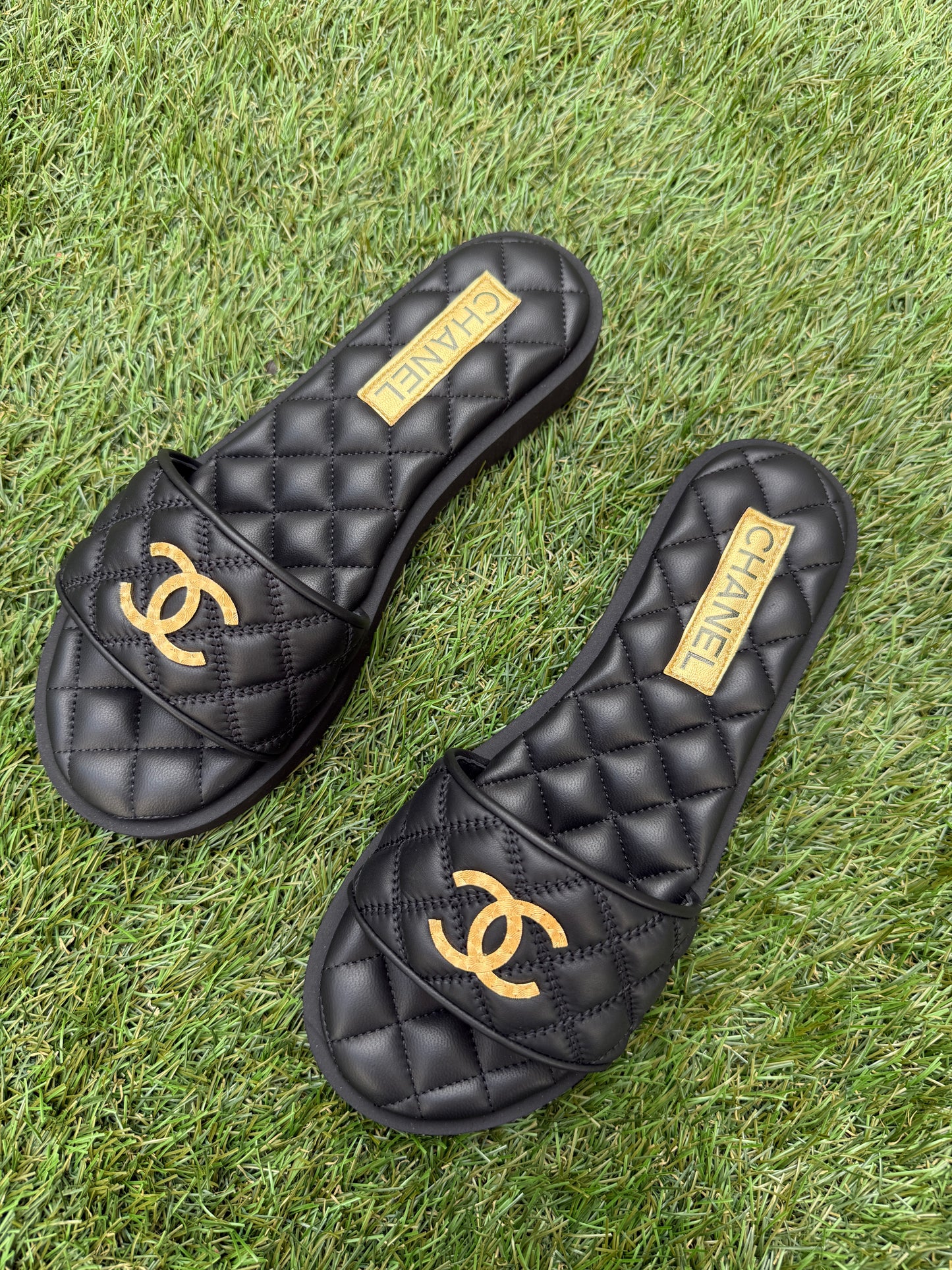 Chanel SS25 Black Leather Quilted CC Gold Tone Logo Sandals Slides Mules