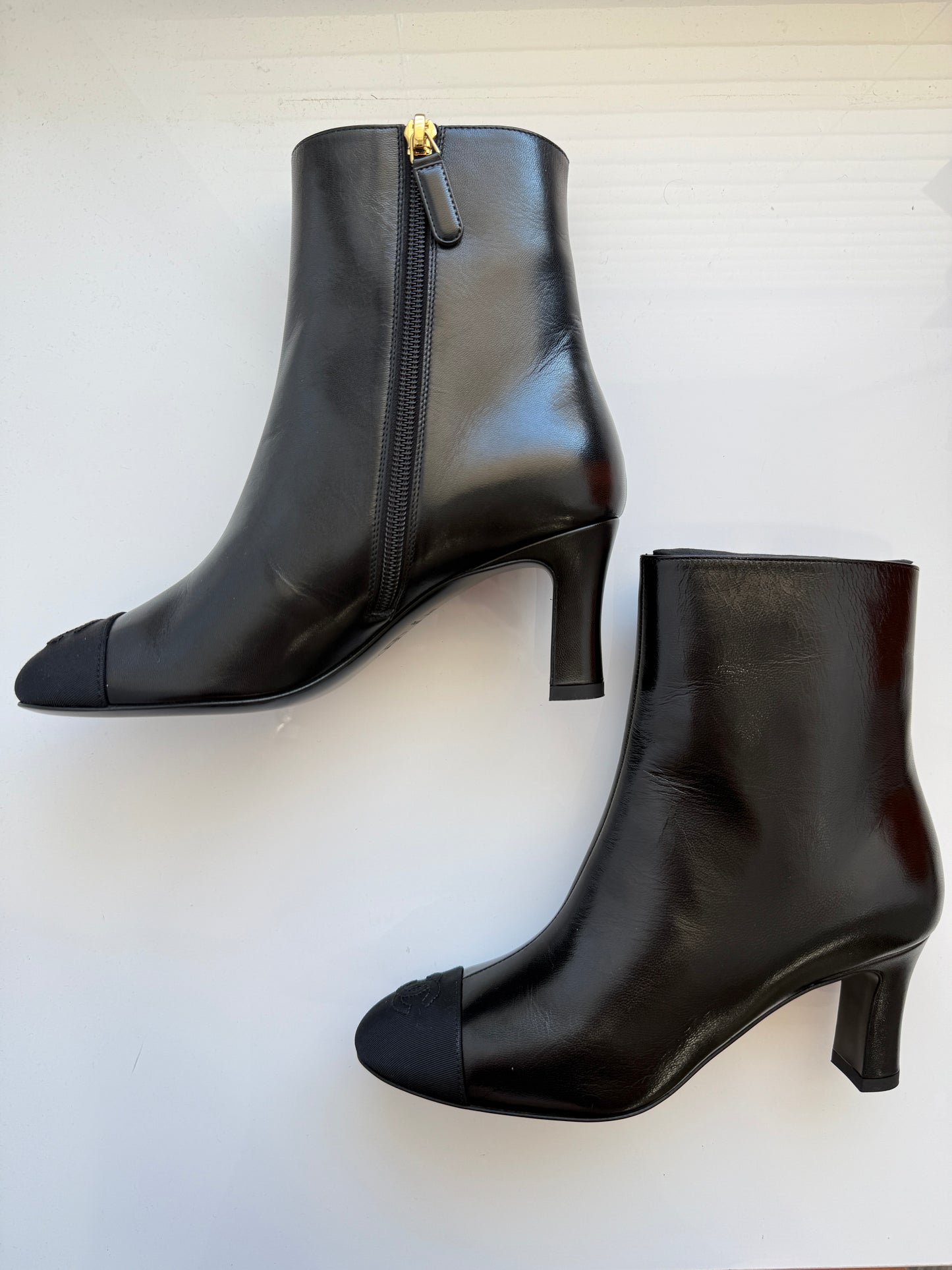 Chanel Black Lambskin Leather CC Logo Cap Toe Booties Ankle Boots Low Heel