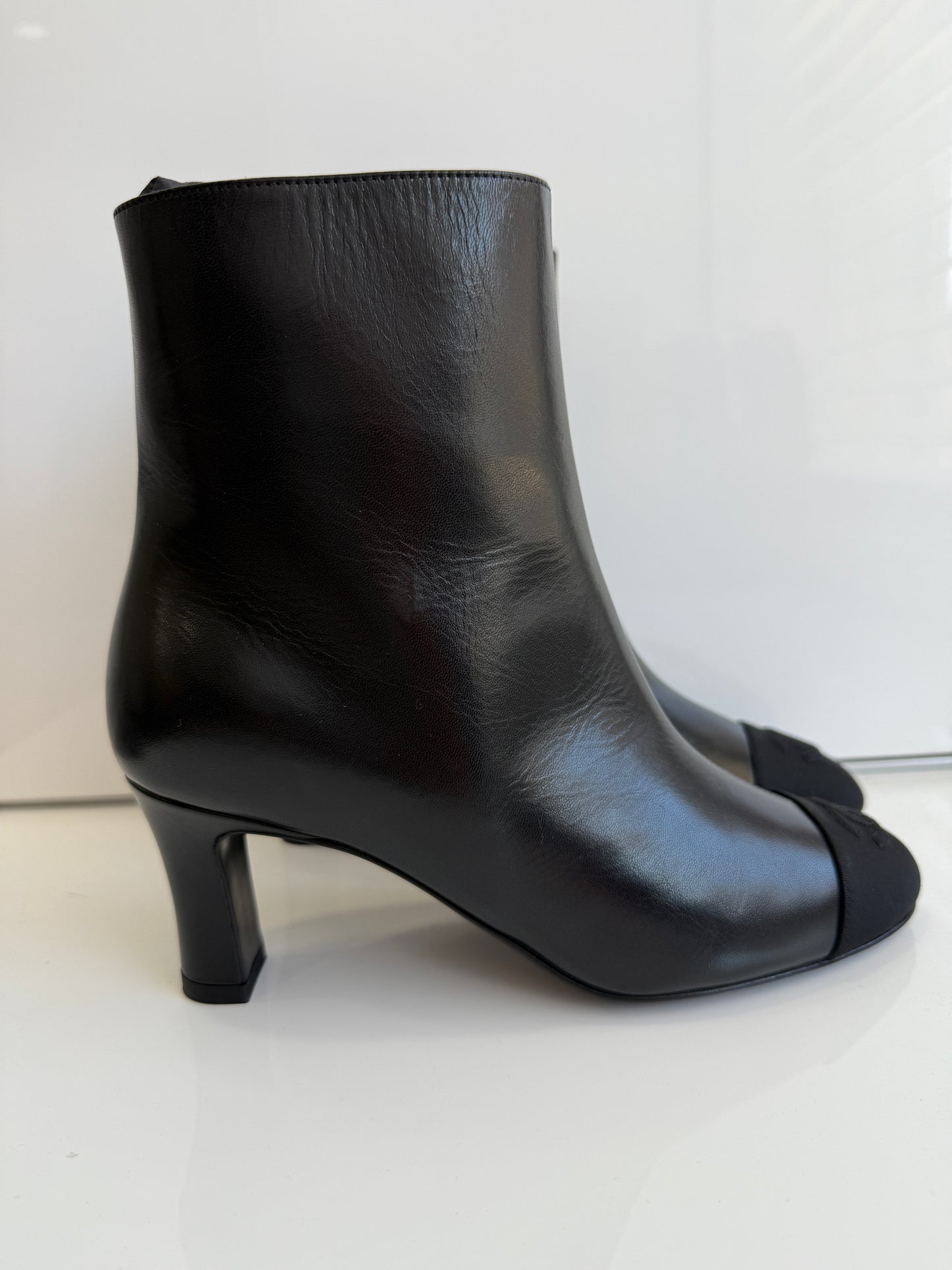 Chanel Black Lambskin Leather CC Logo Cap Toe Booties Ankle Boots Low Heel
