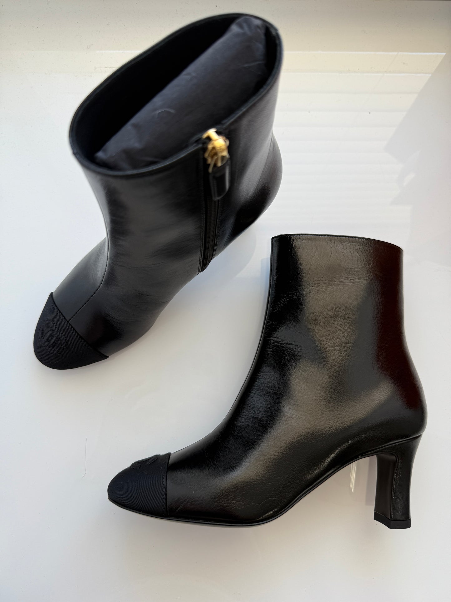 Chanel Black Lambskin Leather CC Logo Cap Toe Booties Ankle Boots Low Heel