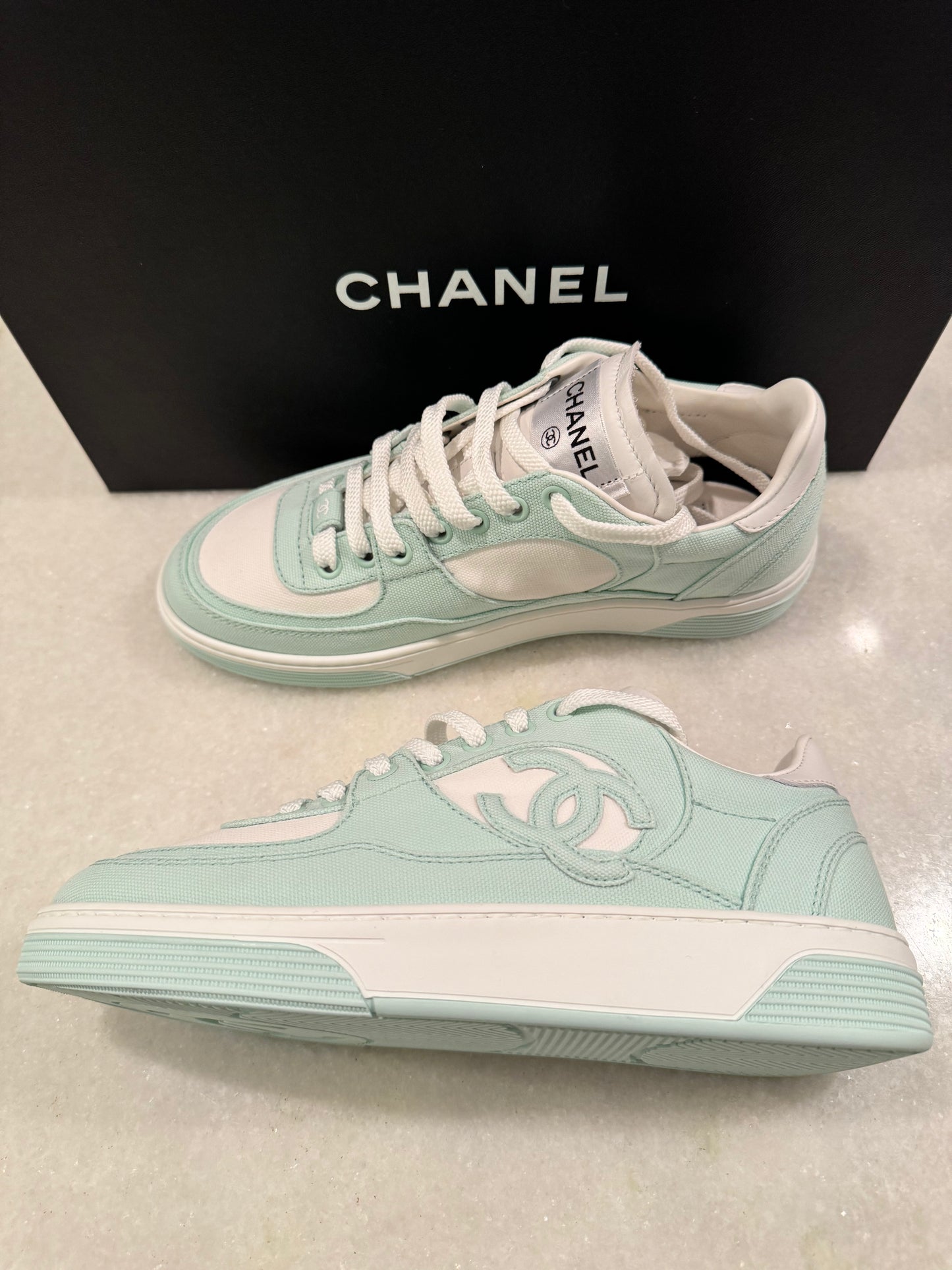 Chanel 24C Cruise 2024 Light Turquoise White Cotton CC Logo Trainers Sneakers