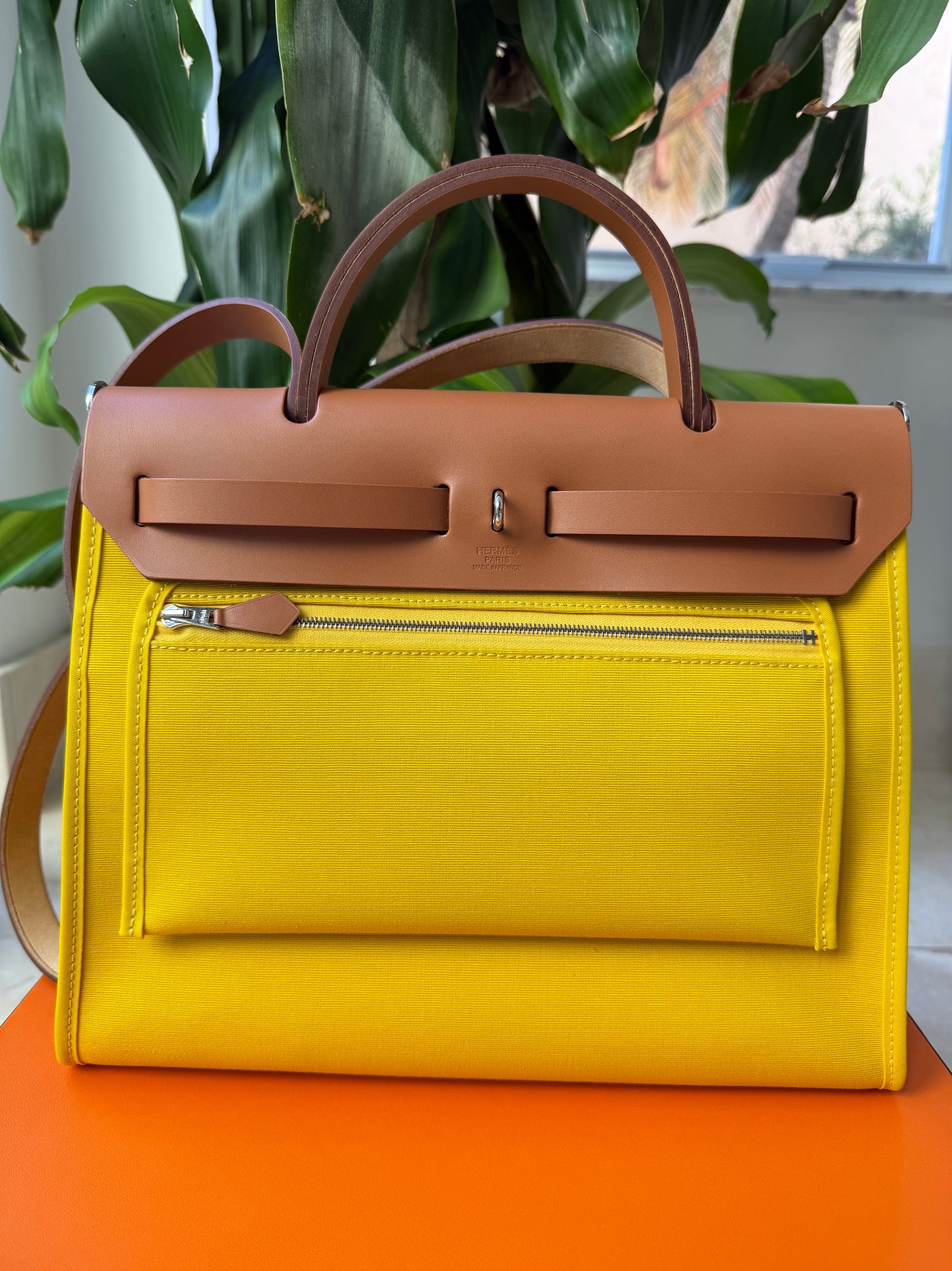 Hermès HERBAG 31 YELLOW JAUNE DE NAPLES CANVAS NATUREL LEATHER BAG Palladium HW