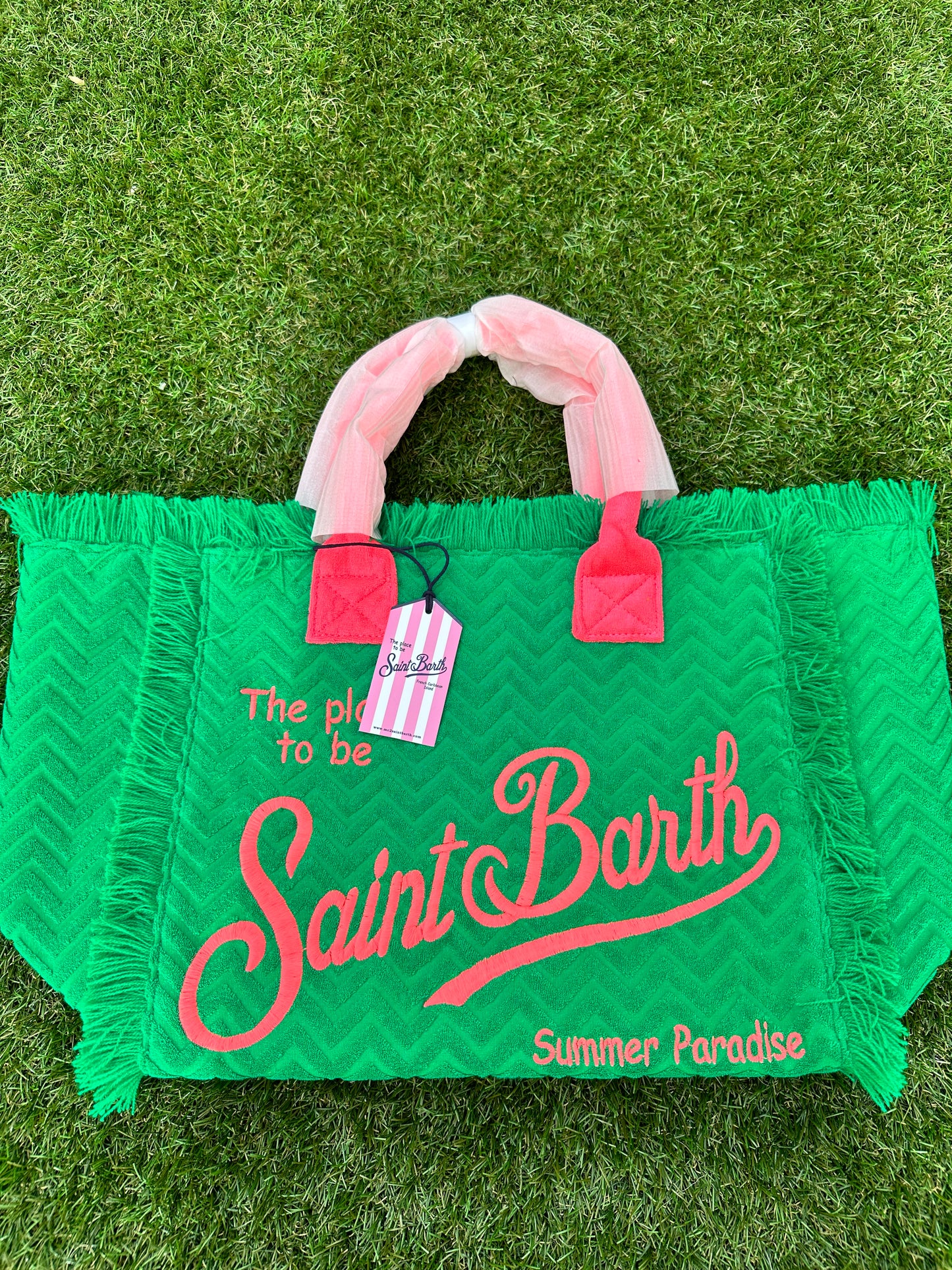 MC2 Saint Barth Vanity Terry Embossed Green Fuchsia Pink Beach Tote Bag