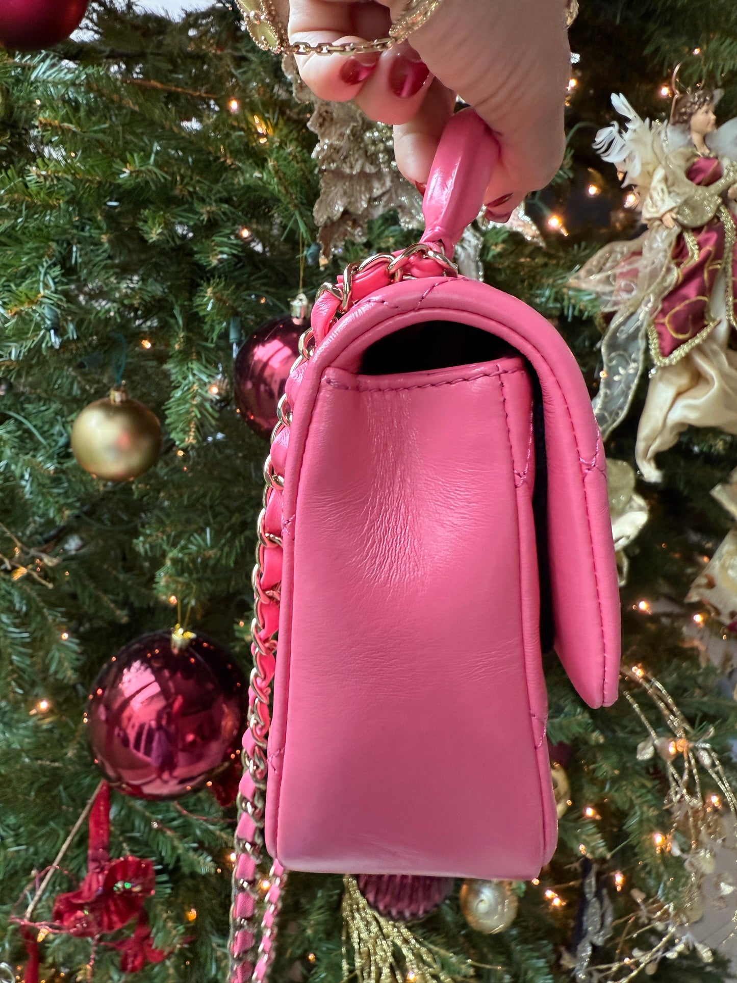 CHANEL 2024C PINK LEATHER MINI RECTANGULAR CROSSBODY TOP HANDLE BAG GOLD HW