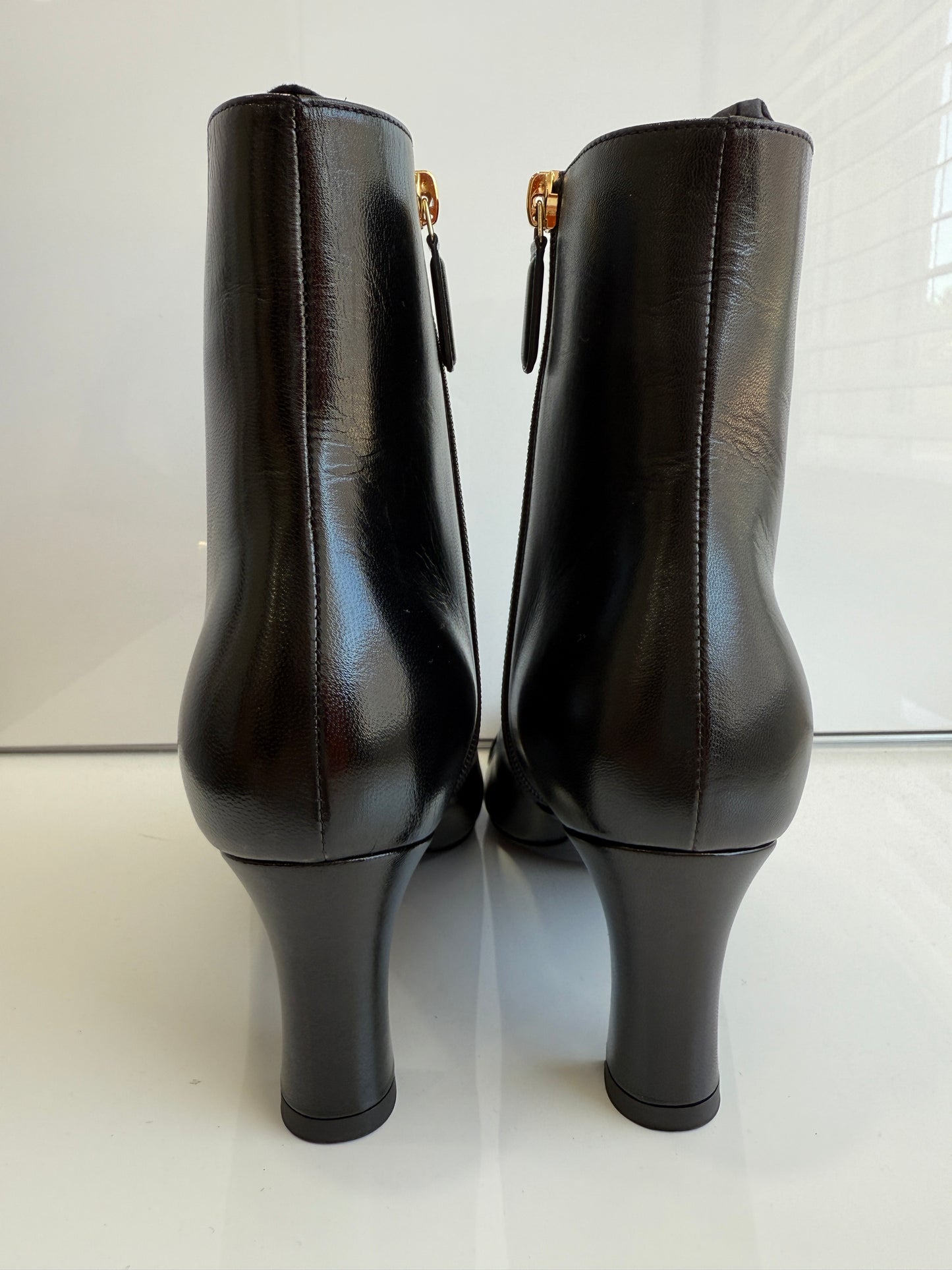 Chanel Black Lambskin Leather CC Logo Cap Toe Booties Ankle Boots Low Heel
