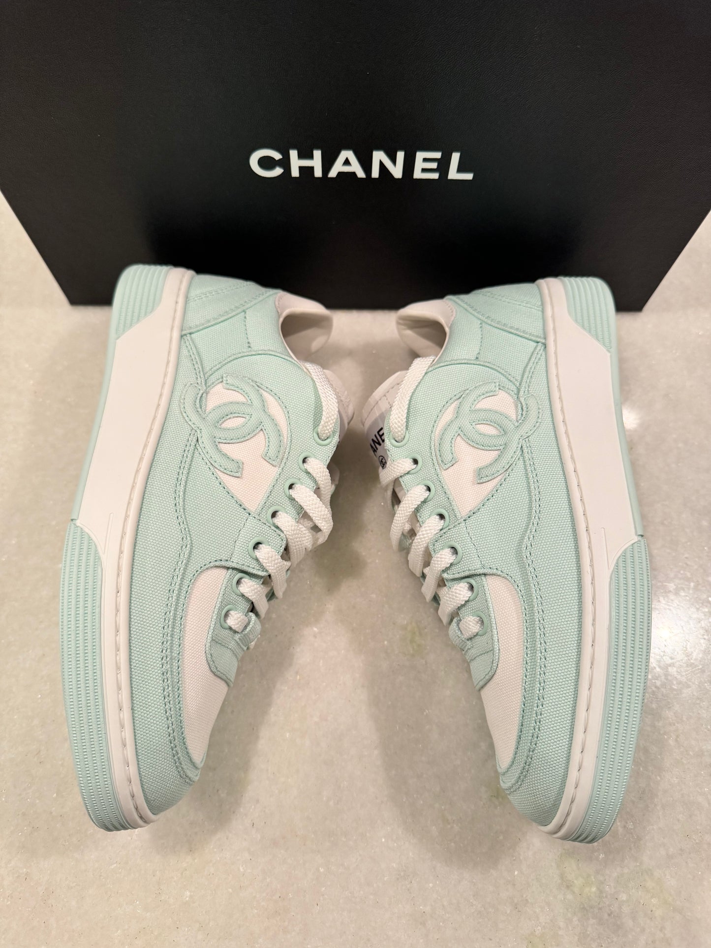 Chanel 24C Cruise 2024 Light Turquoise White Cotton CC Logo Trainers Sneakers