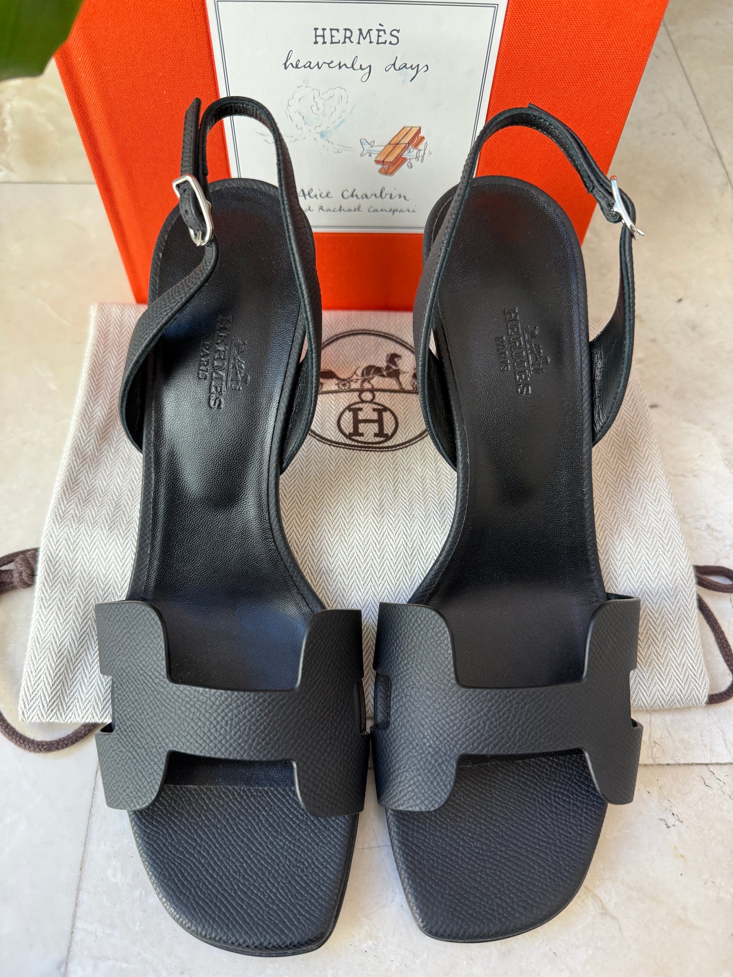 HERMES ETERNITE 80 SANDALS BLACK NOIR EPSOM HIGH HEELS SLINGBACK SHOES