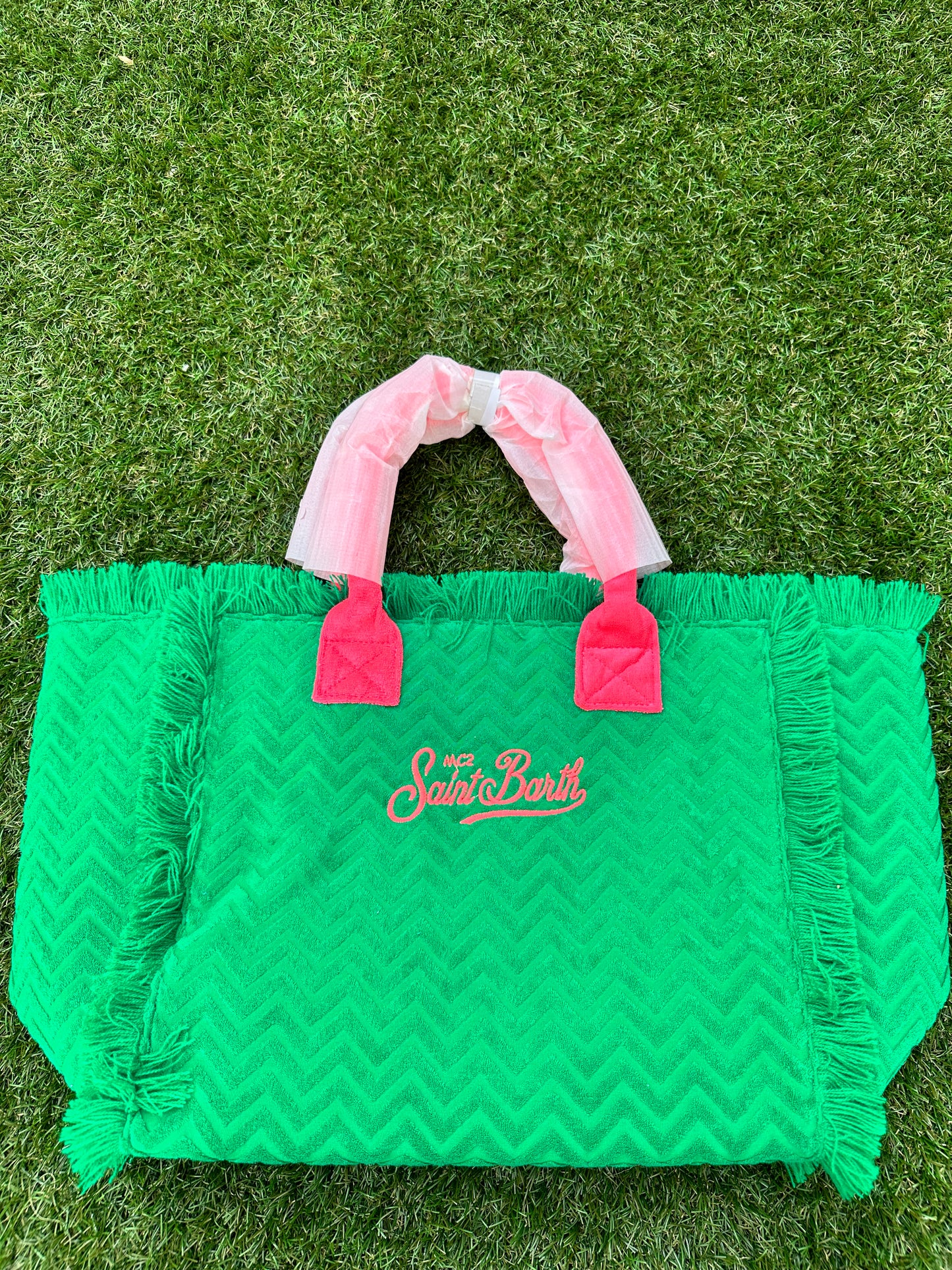 MC2 Saint Barth Vanity Terry Embossed Green Fuchsia Pink Beach Tote Bag