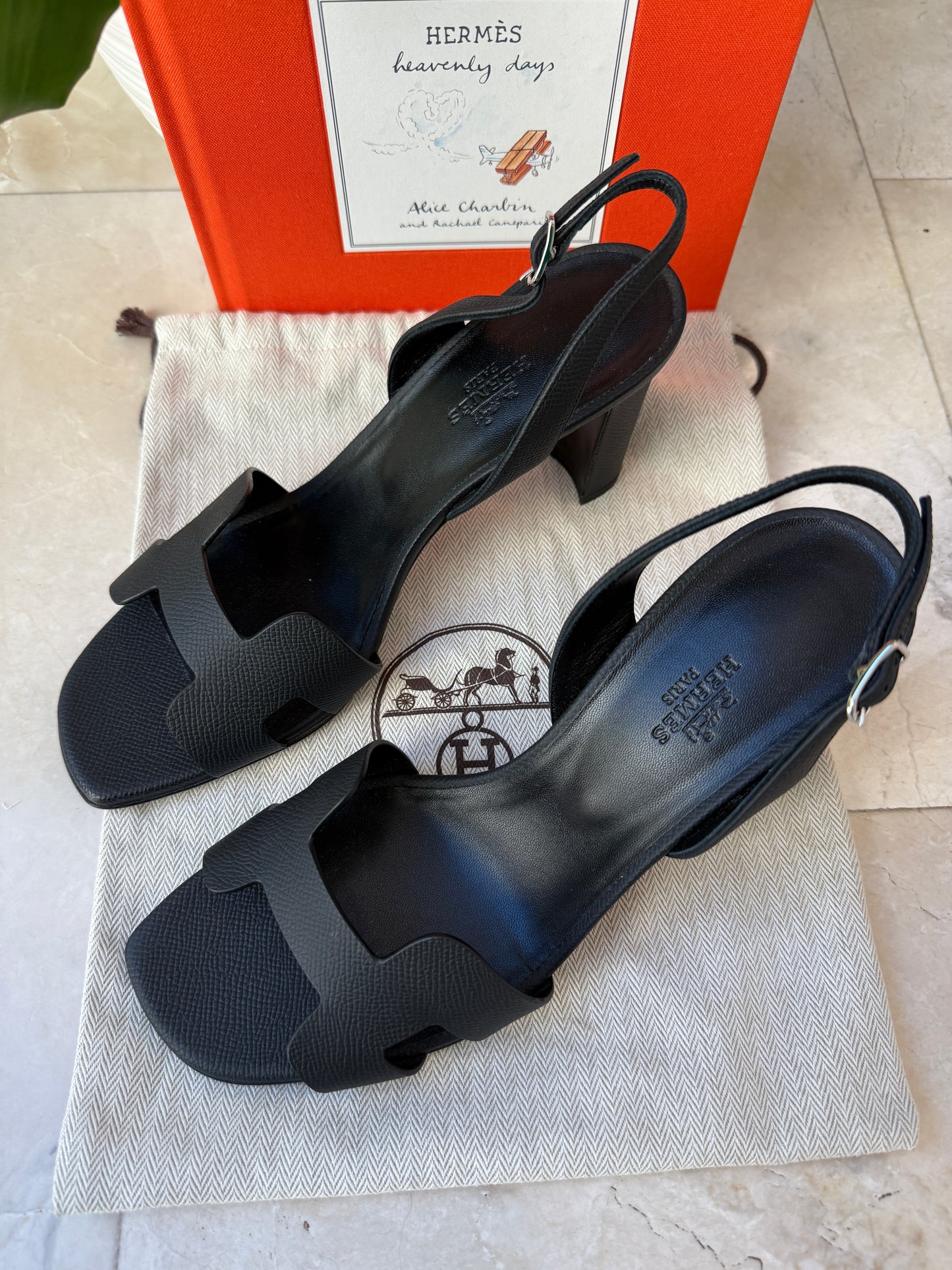 HERMES ETERNITE 80 SANDALS BLACK NOIR EPSOM HIGH HEELS SLINGBACK SHOES