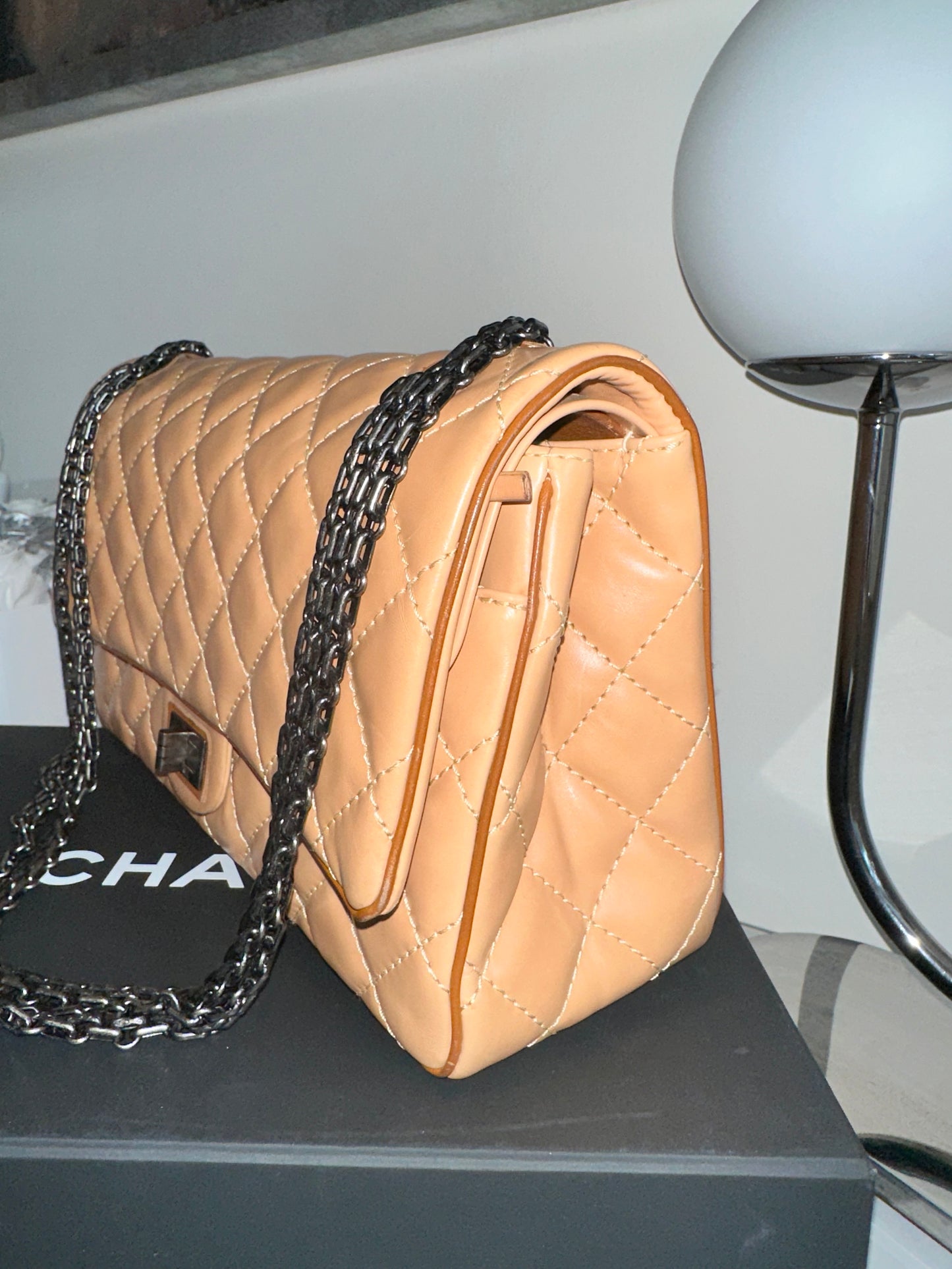 Chanel Reissue 226 Medium Double Flap Beige Two Tone Lambskin Quilted Handbag Bag Pre-Owned