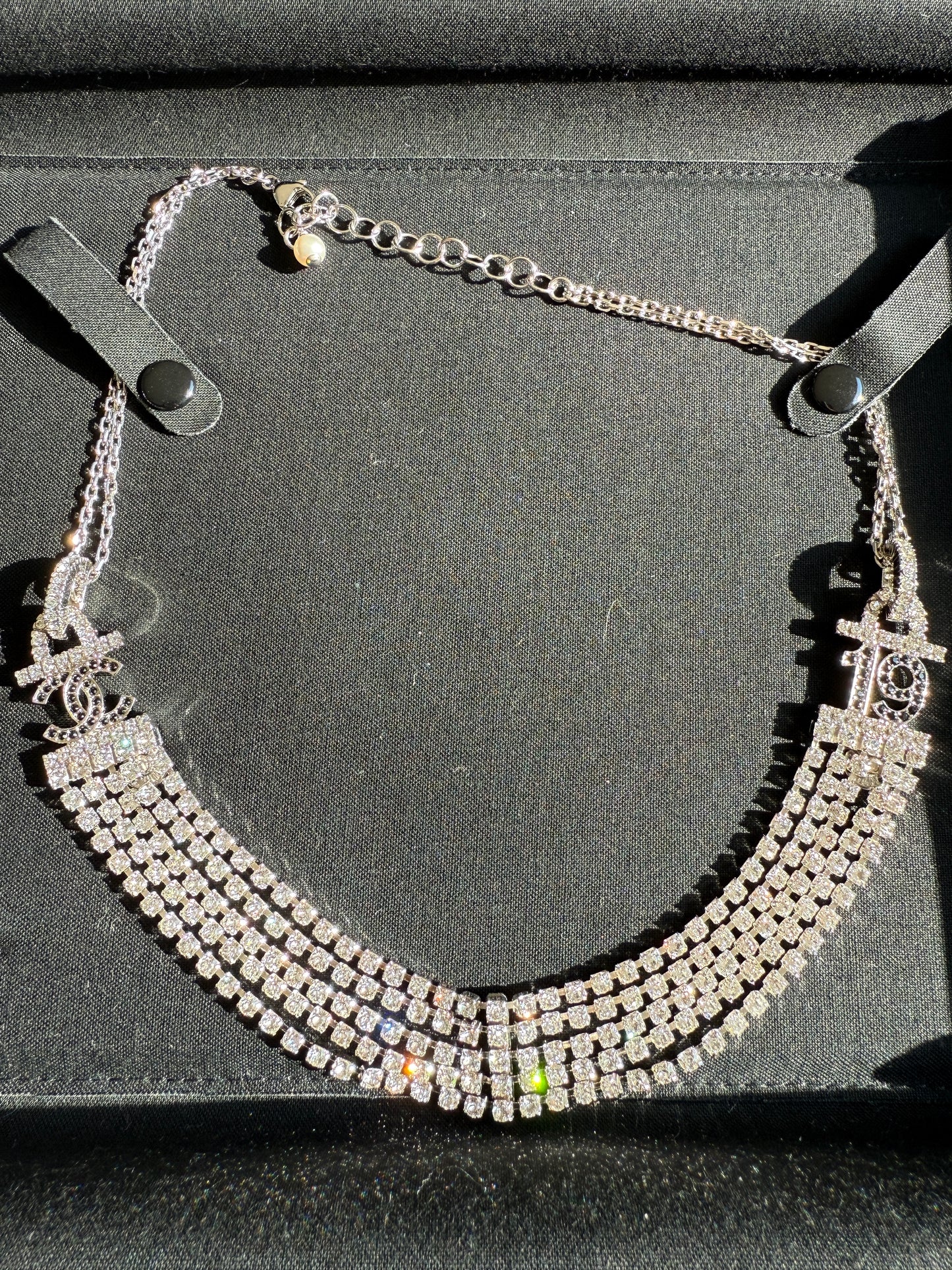 CHANEL 2022A SILVER TONE CC 19 LOGO WHITE AND BLACK CRYSTALS NECKLACE CHARM CHOCKER