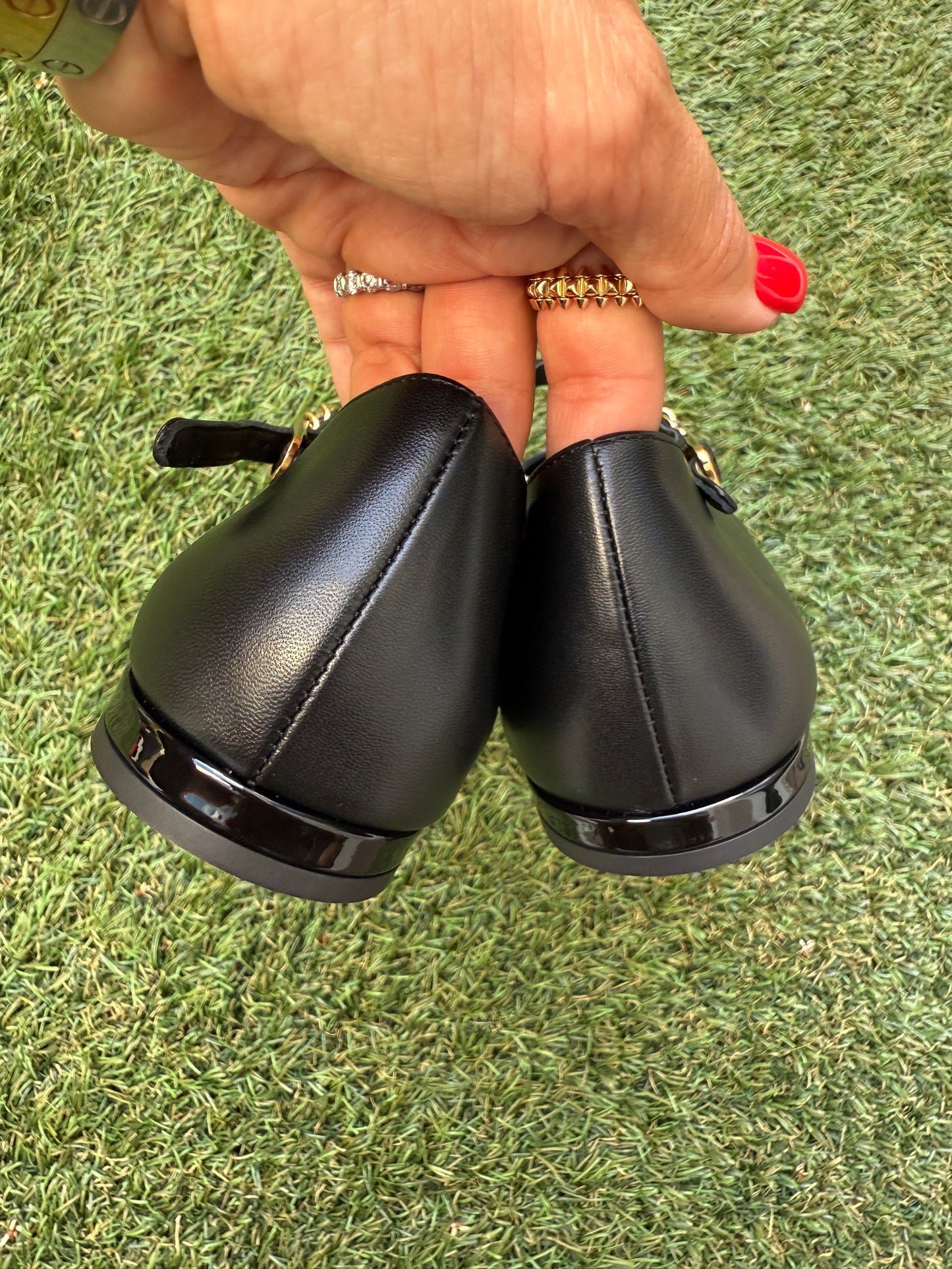 CHANEL CC LOGO BLACK LEATHER MARY-JANE BALLET FLAT SHOES PATENT CAP TOE PEARLS CHAIN ANKLE STRAP
