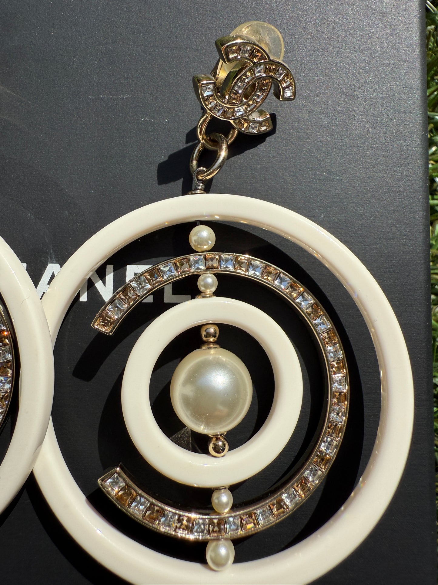 Chanel 18B Ivory White Resin Plastic Disco CC Logo Crystal Gold Tone Pearls Round Clip on Earrings Drop Hoop