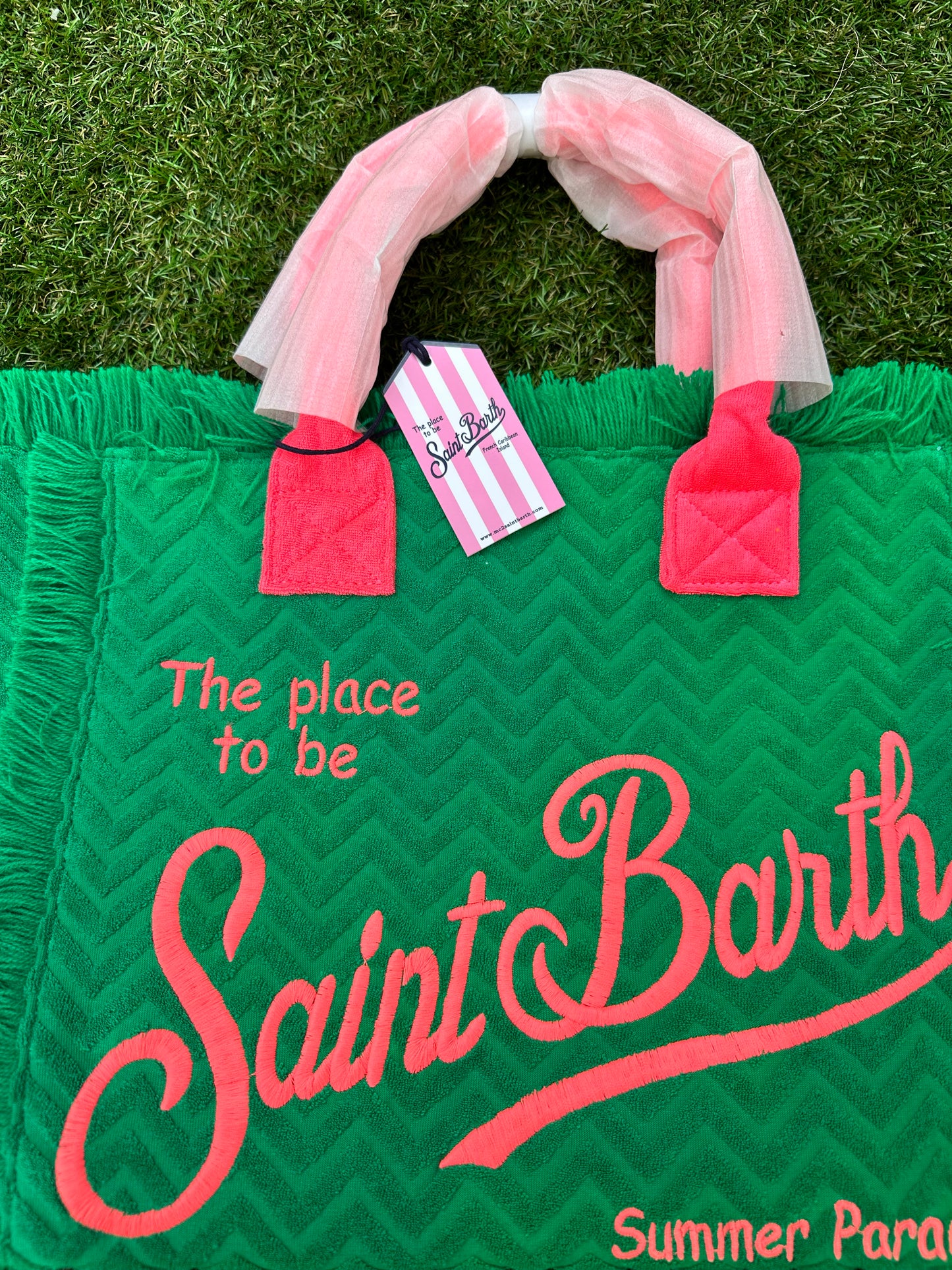 MC2 Saint Barth Vanity Terry Embossed Green Fuchsia Pink Beach Tote Bag