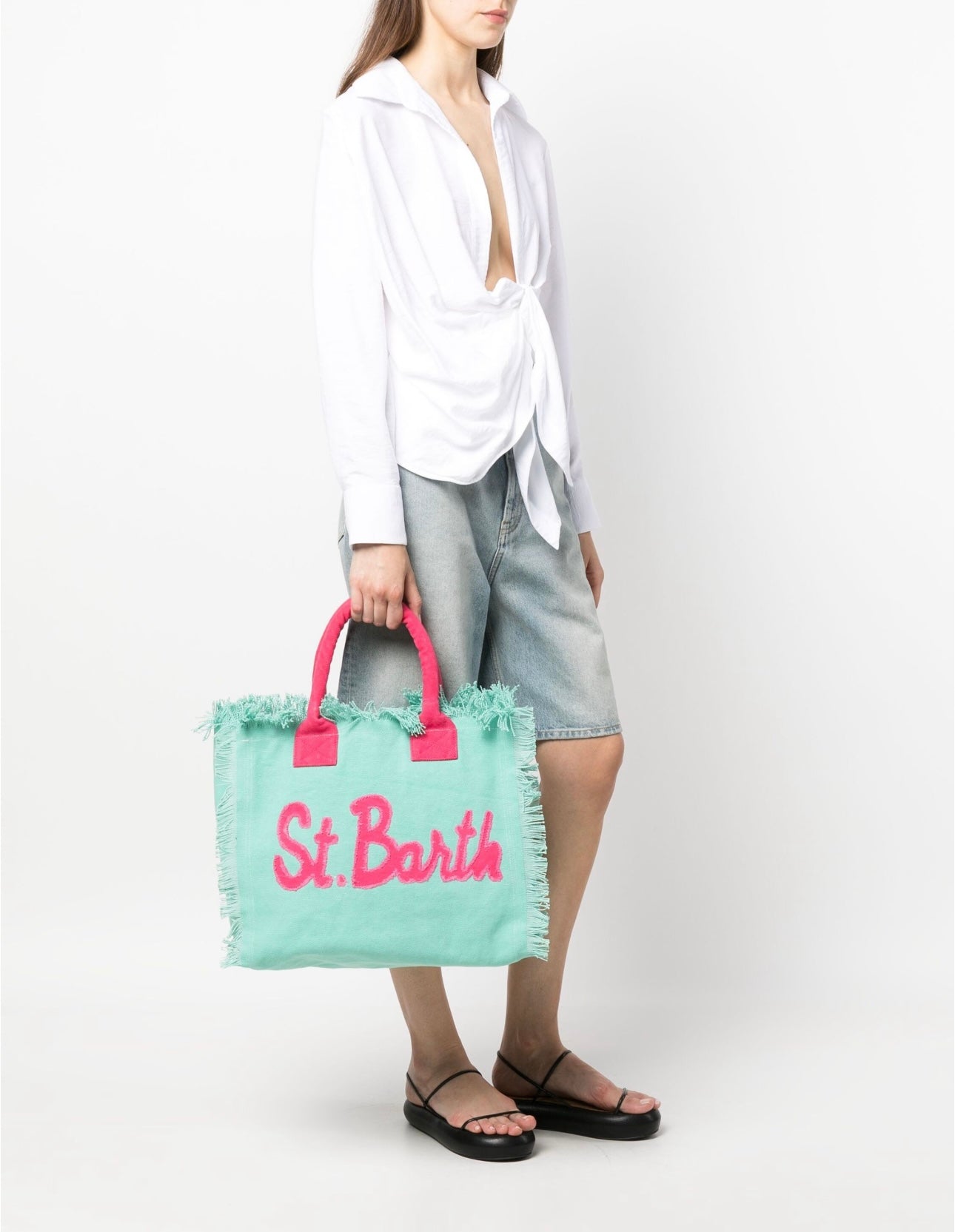 MC2 Saint Barth Vanity Patch Canvas Embossed Light Blue Pink Beach Tote Bag