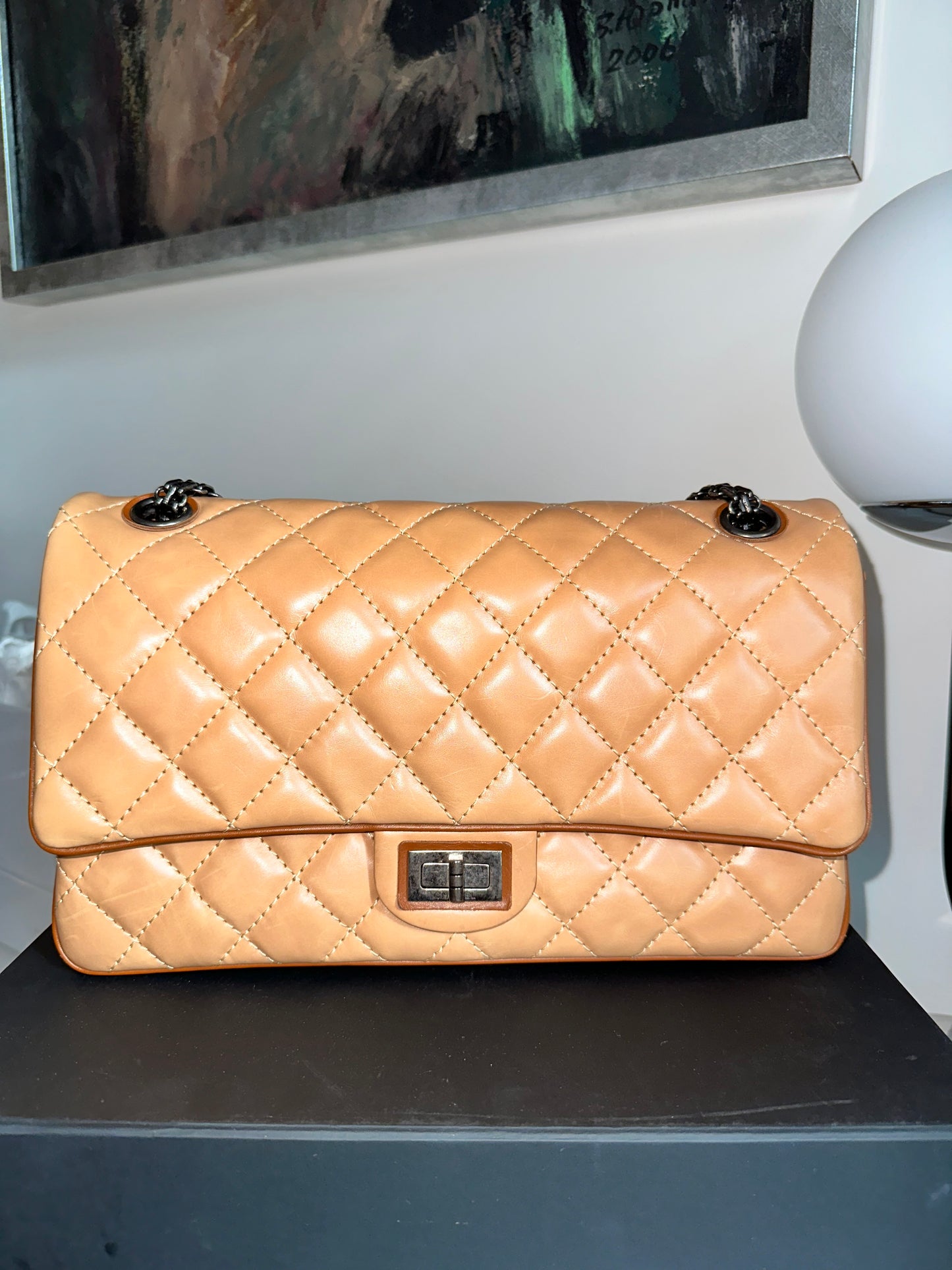 Chanel Reissue 226 Medium Double Flap Beige Two Tone Lambskin Quilted Handbag Bag Pre-Owned