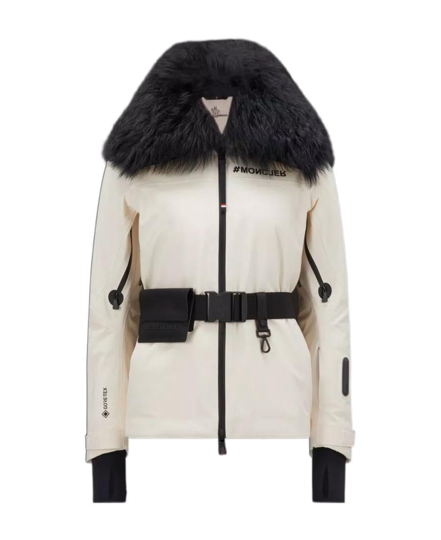Moncler Grenoble Vizelle Off-White Ivory Lamb Detachable Fur Down Puffer Apres Ski Jacket Black Belted