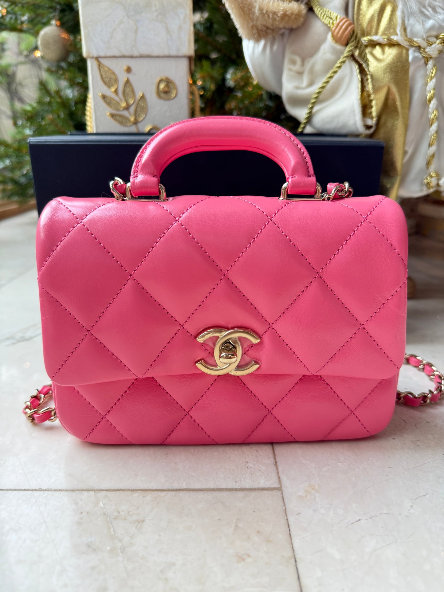 CHANEL 2024C PINK LEATHER MINI RECTANGULAR CROSSBODY TOP HANDLE BAG GOLD HW