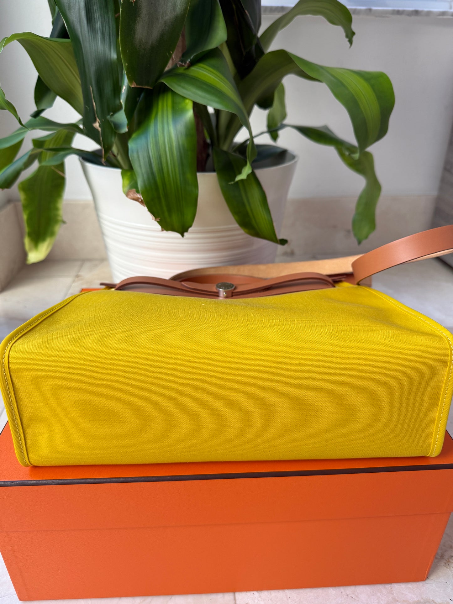 Hermès HERBAG 31 YELLOW JAUNE DE NAPLES CANVAS NATUREL LEATHER BAG Palladium HW