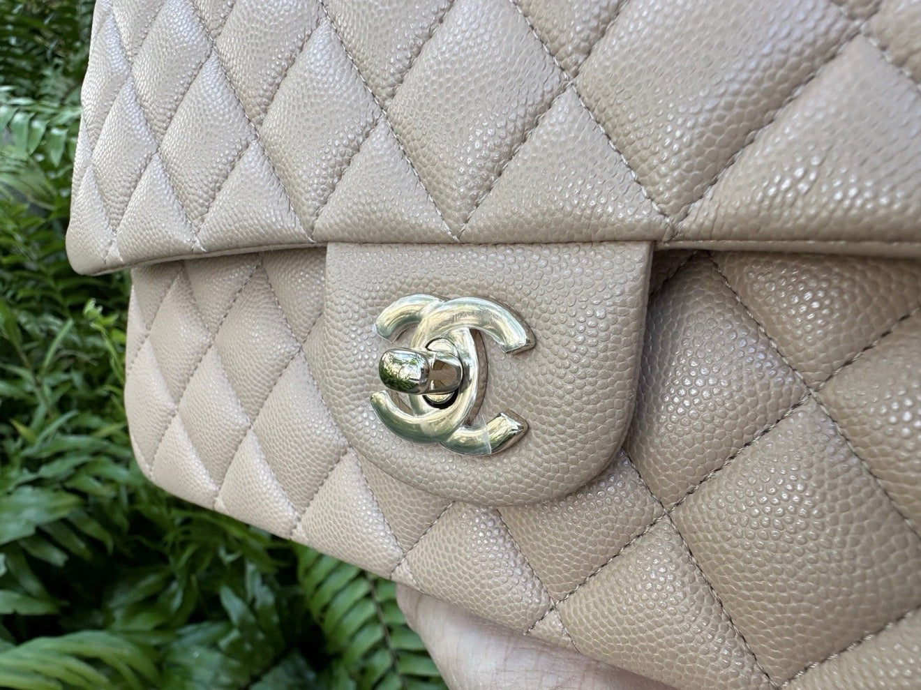 CHANEL DARK BEIGE CAVIAR LEATHER MEDIUM CLASSIC DOUBLE FLAP BAG LIGHT GOLD HARDWARE