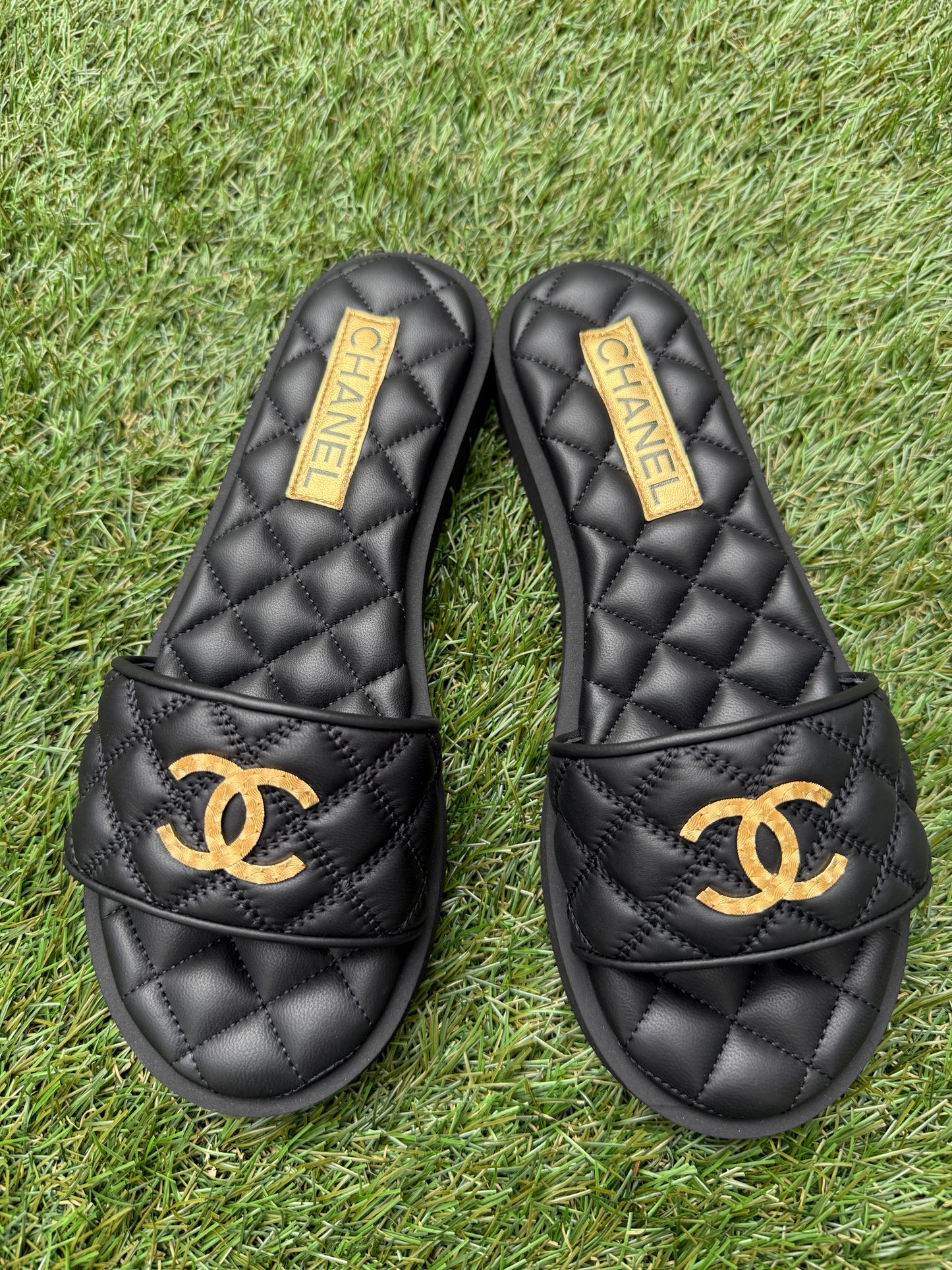 Chanel SS25 Black Leather Quilted CC Gold Tone Logo Sandals Slides Mules