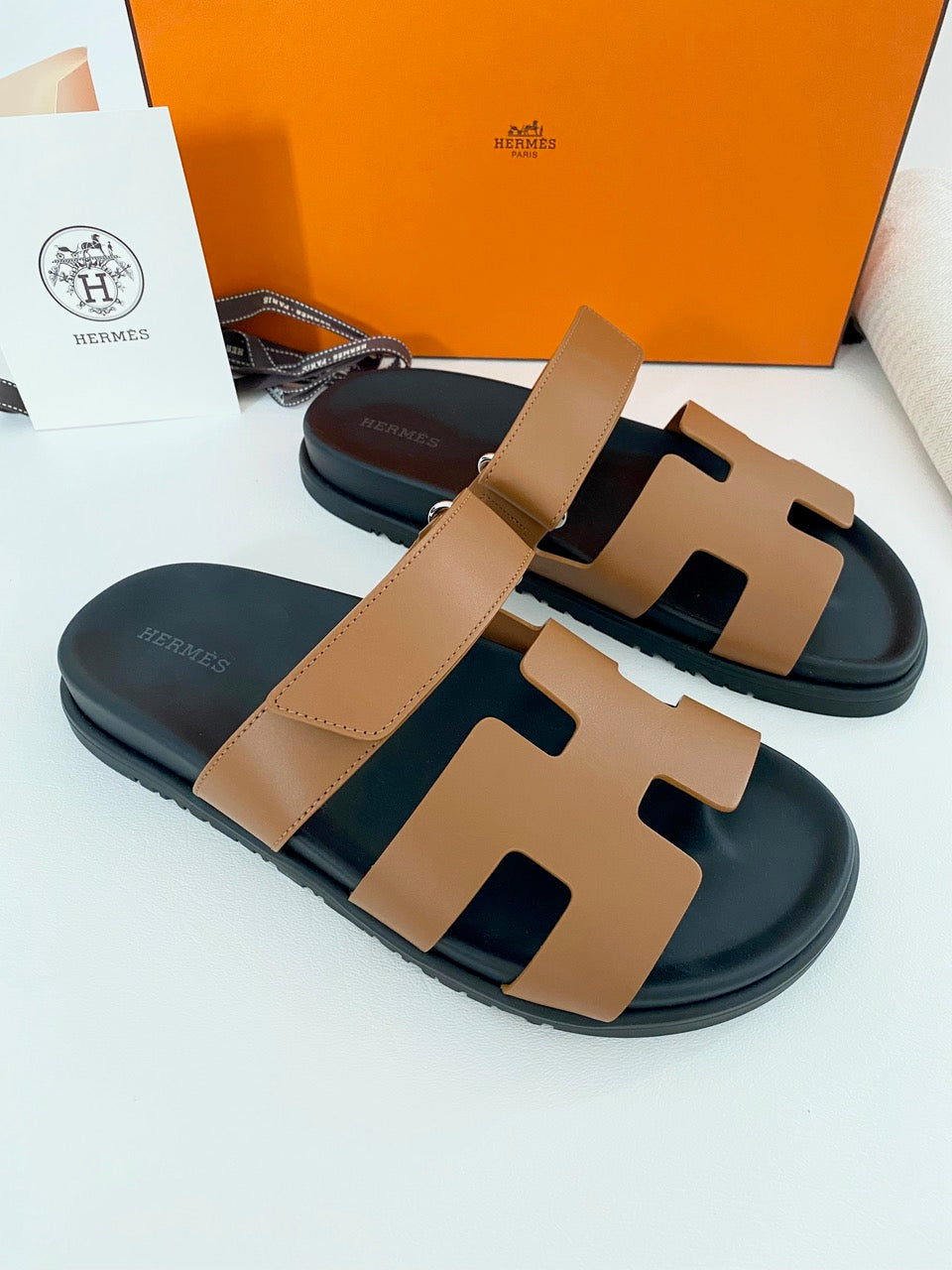 HERMES H CHYPRE BROWN CALFSKIN LEATHER SANDALS SHOES FLAT SLIDES