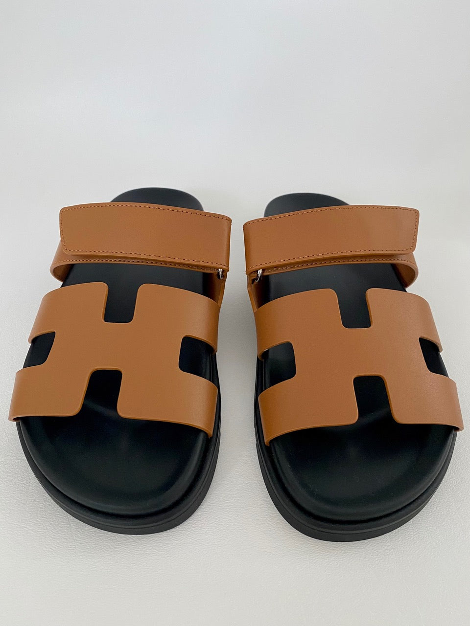 HERMES H CHYPRE BROWN CALFSKIN LEATHER SANDALS SHOES FLAT SLIDES