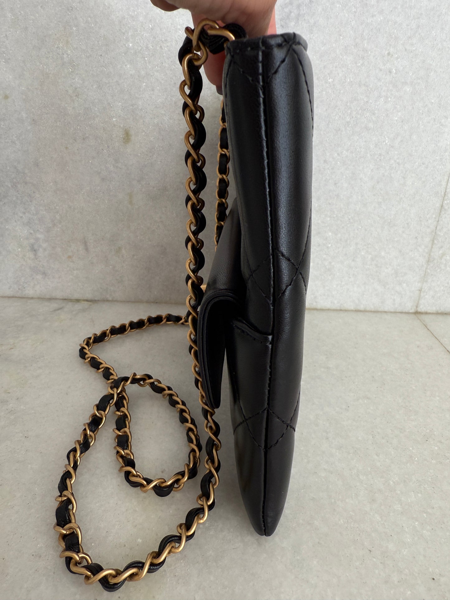 Chanel Quilted Black Lambskin Leather Chain Handle Pocket Gold Tone CC Logo Shoulder Clutch Purse