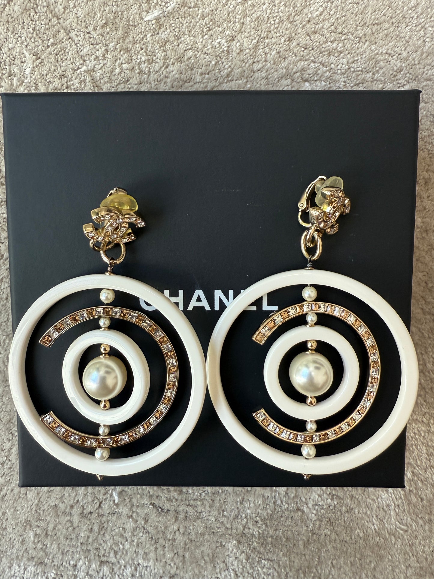Chanel 18B Ivory White Resin Plastic Disco CC Logo Crystal Gold Tone Pearls Round Clip on Earrings Drop Hoop