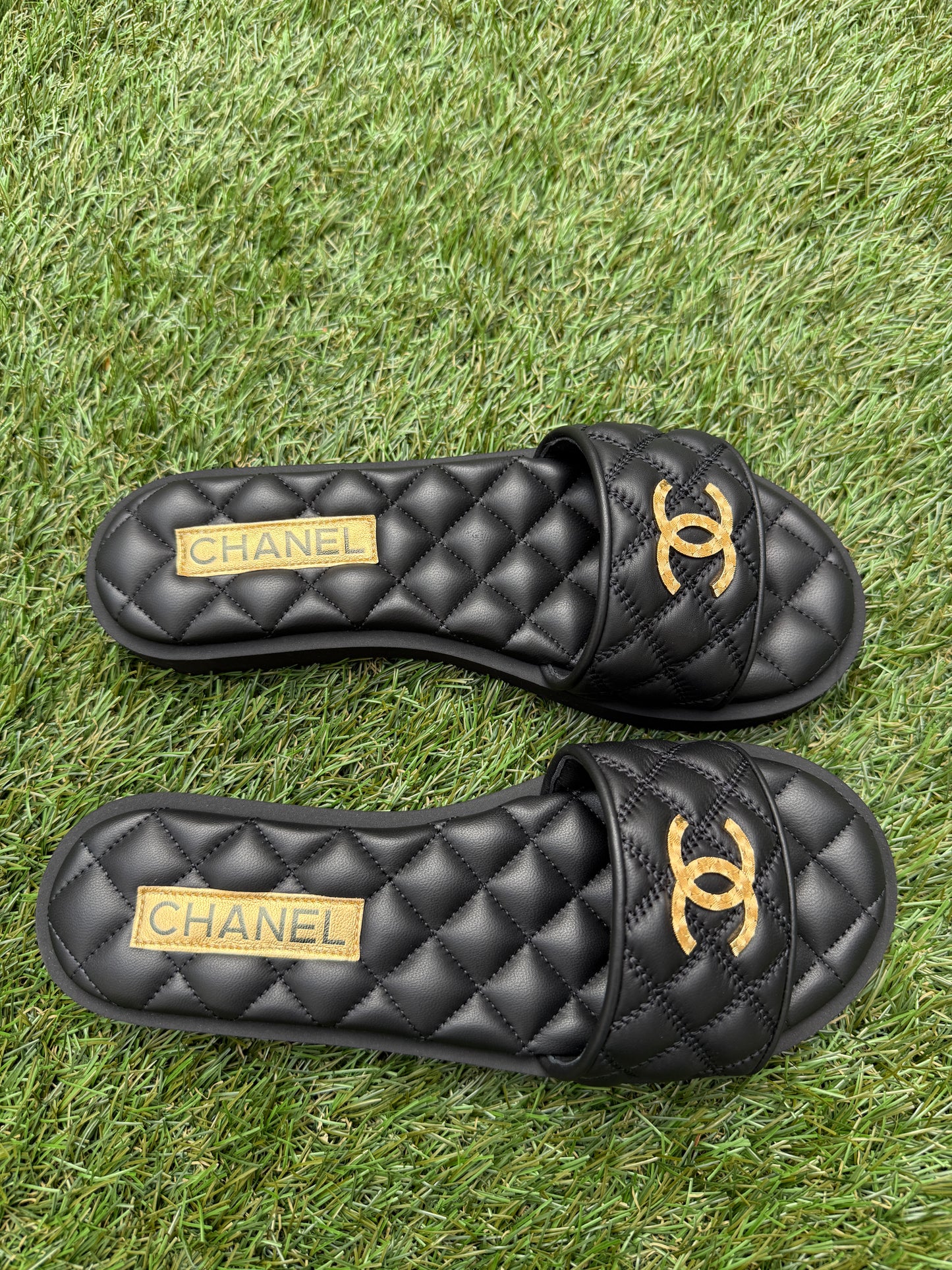 Chanel SS25 Black Leather Quilted CC Gold Tone Logo Sandals Slides Mules