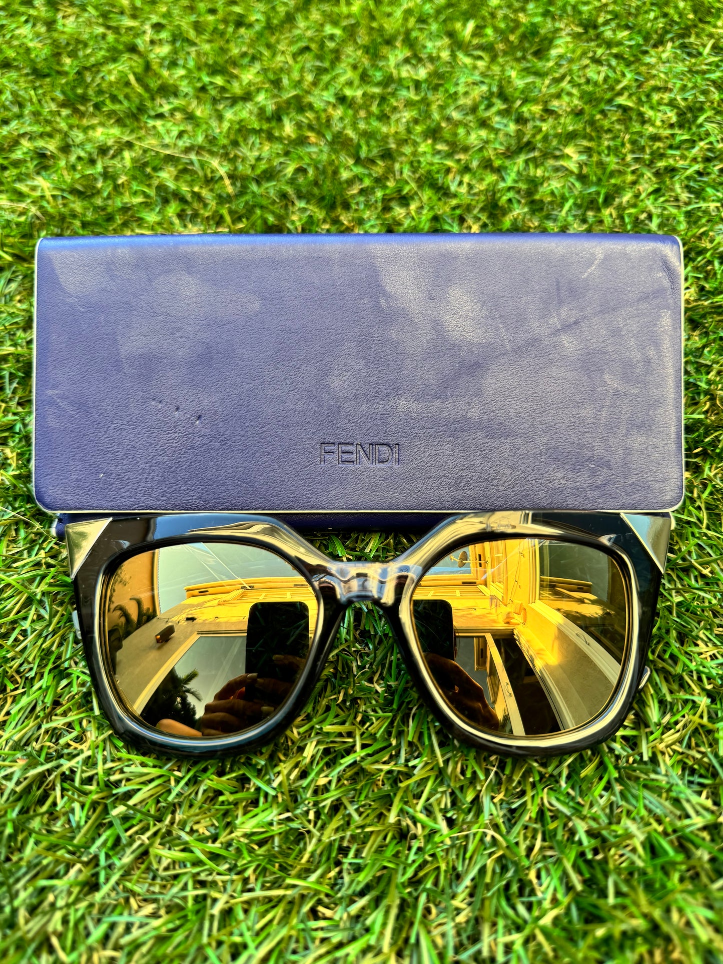 FENDI IRIDIA 52MM FF0060/S MIRRORED CAT EYE BLUE LENS YELLOW METALLIC CRYSTAL SUNGLASSES PRE-OWNED