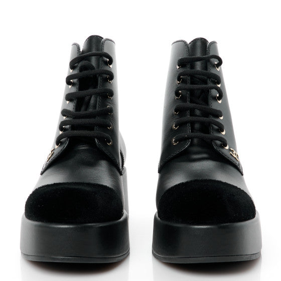 Chanel Calfskin Velvet CC Cap Toe Black Leather Lace Up Boots Ankle Booties