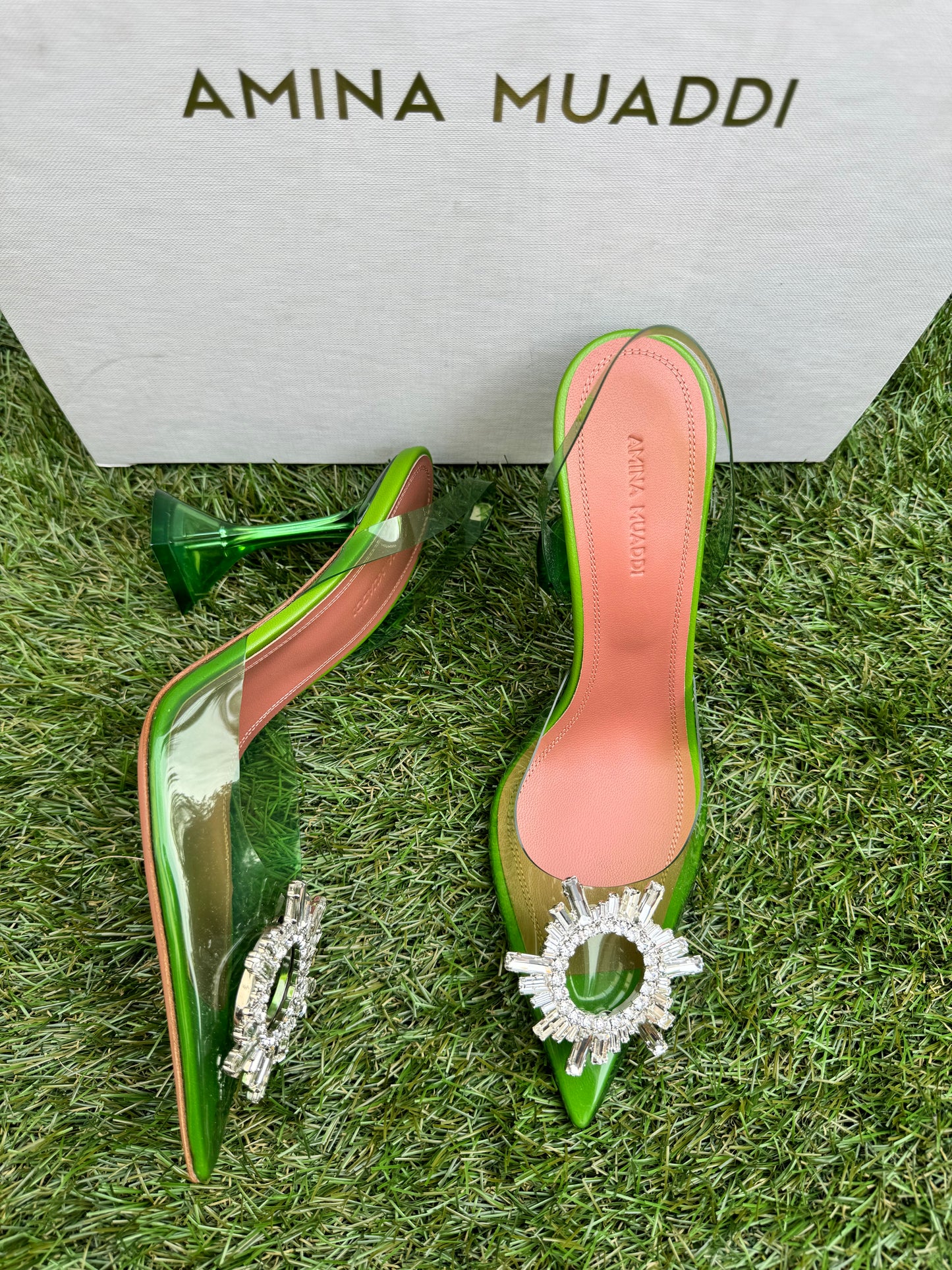 Amina Muaddi Begum Glass Jungle Green PVC Buckle Crystal Embellished Pumps Slingback Heel