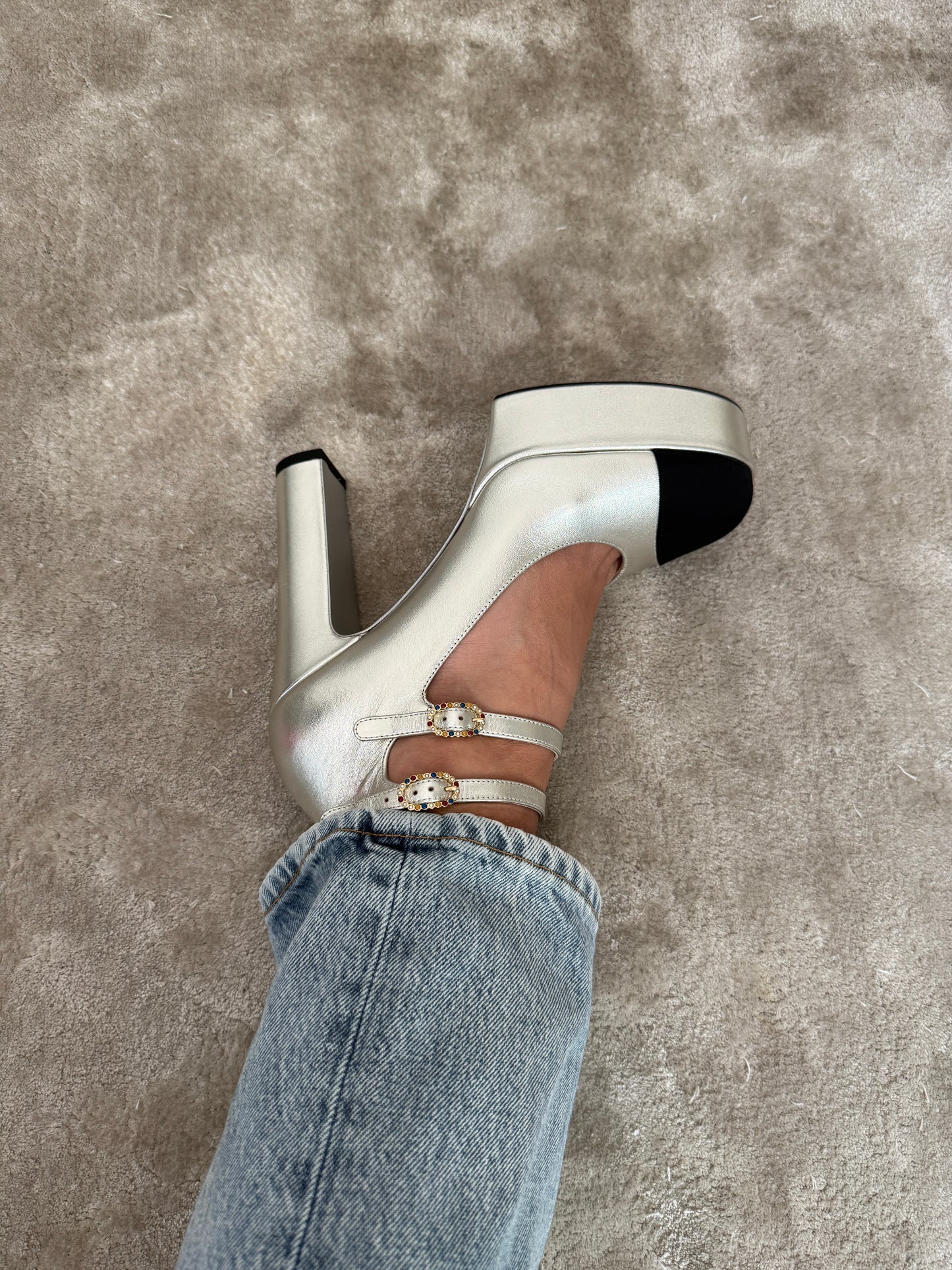 2025 CHANEL BLACK CC LOGO CAPTOE SILVER LEATHER MARYJANE HEELS PLATFORM PUPMS