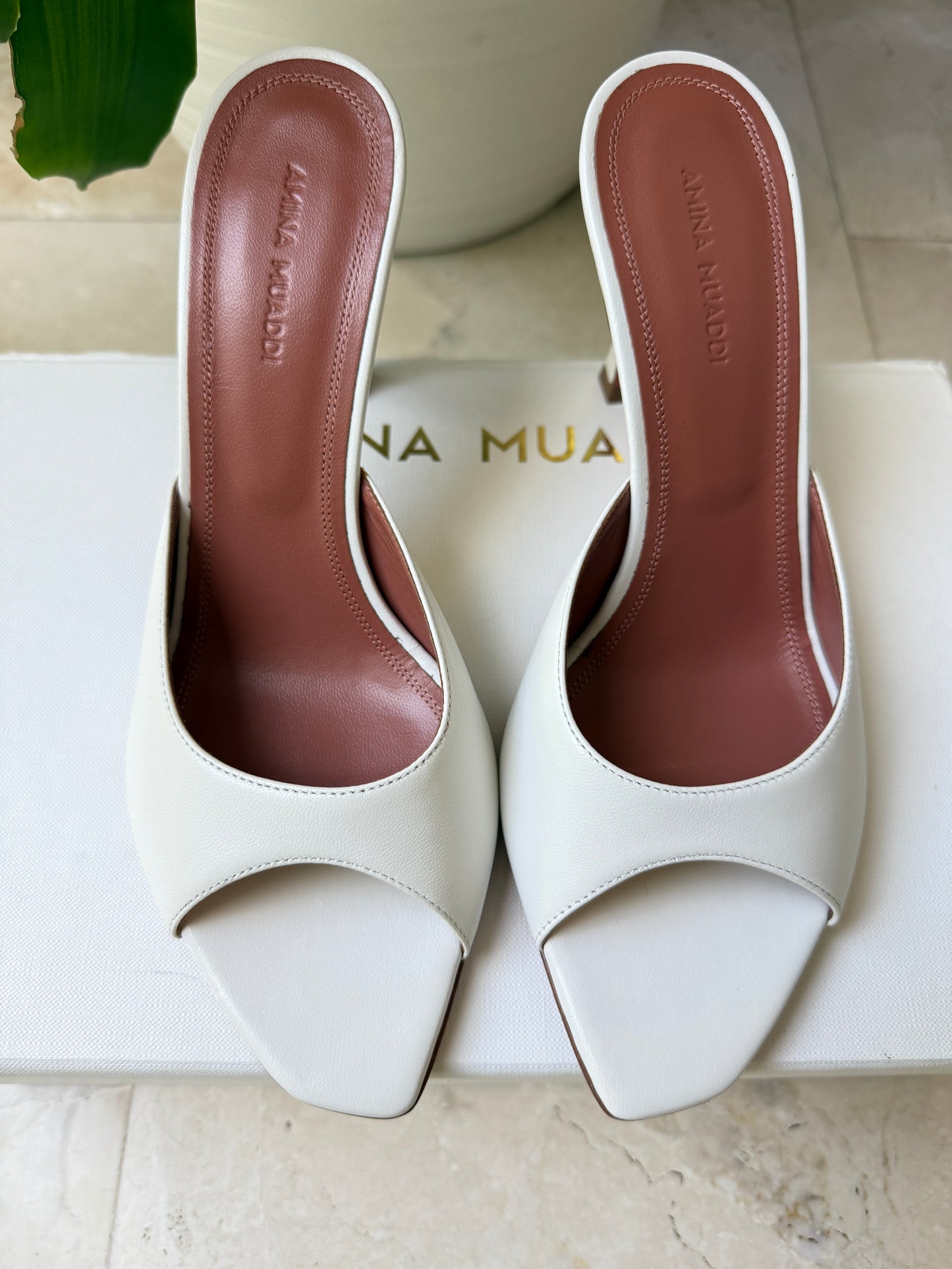 Amina Muaddi Alexa Slipper Peep Toe Slide White Leather Shoes Heels 90mm