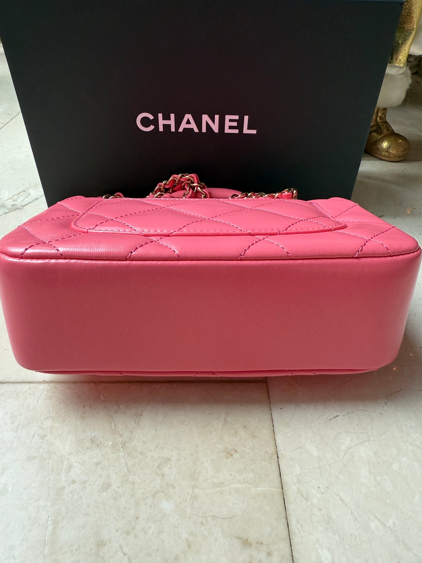 CHANEL 2024C PINK LEATHER MINI RECTANGULAR CROSSBODY TOP HANDLE BAG GOLD HW