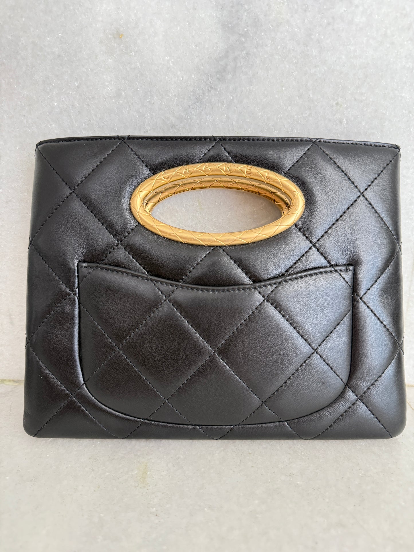 Chanel Quilted Black Lambskin Leather Chain Handle Pocket Gold Tone CC Logo Shoulder Clutch Purse