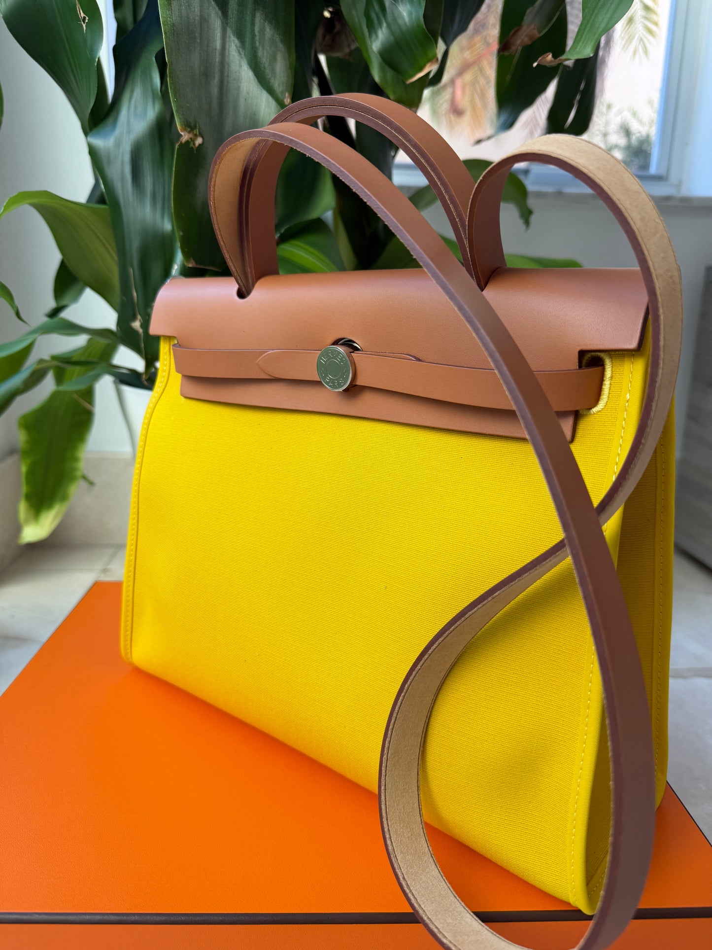 Hermès HERBAG 31 YELLOW JAUNE DE NAPLES CANVAS NATUREL LEATHER BAG Palladium HW
