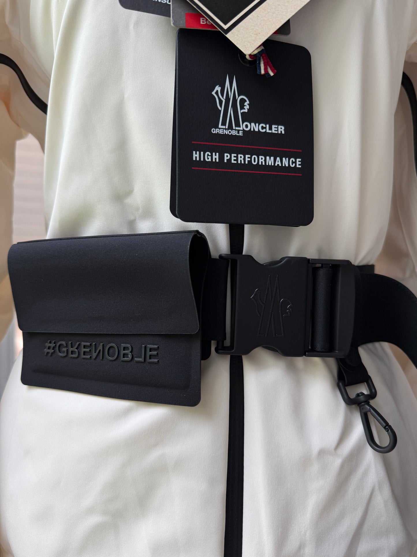 Moncler Grenoble Vizelle Off-White Ivory Lamb Detachable Fur Down Puffer Apres Ski Jacket Black Belted