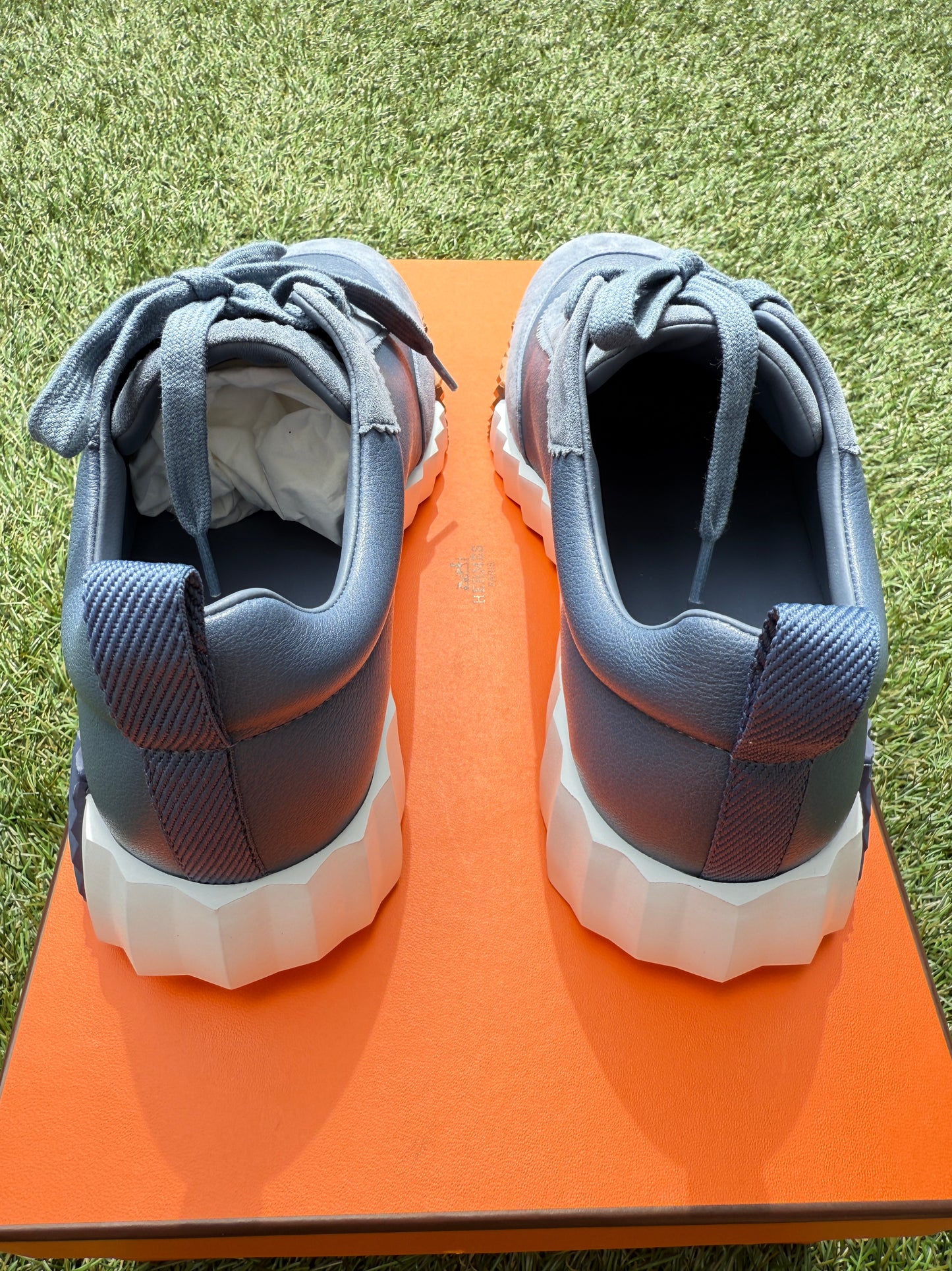 HERMES BOUNCING BLUE MER LEATHER SUEDE WHITE SOLE TRAINERS FASHION SNEAKERS
